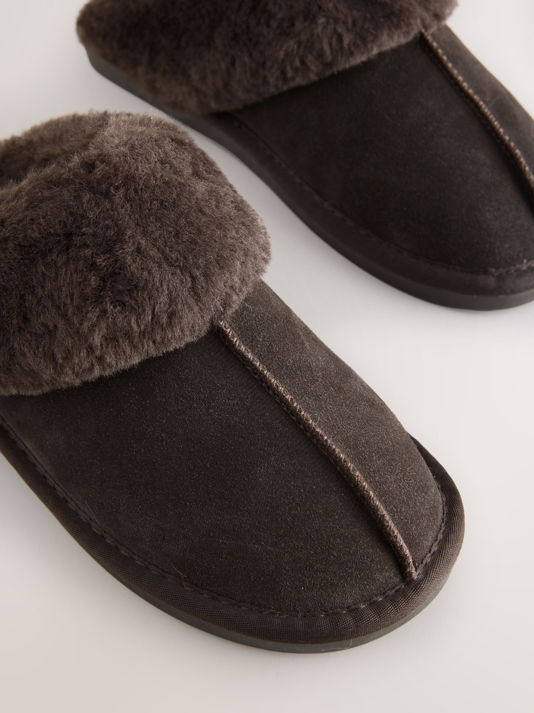 Faux Fur Lined Suede Mule Slippers - Chocolate Brown - Regular - SIP Still Life