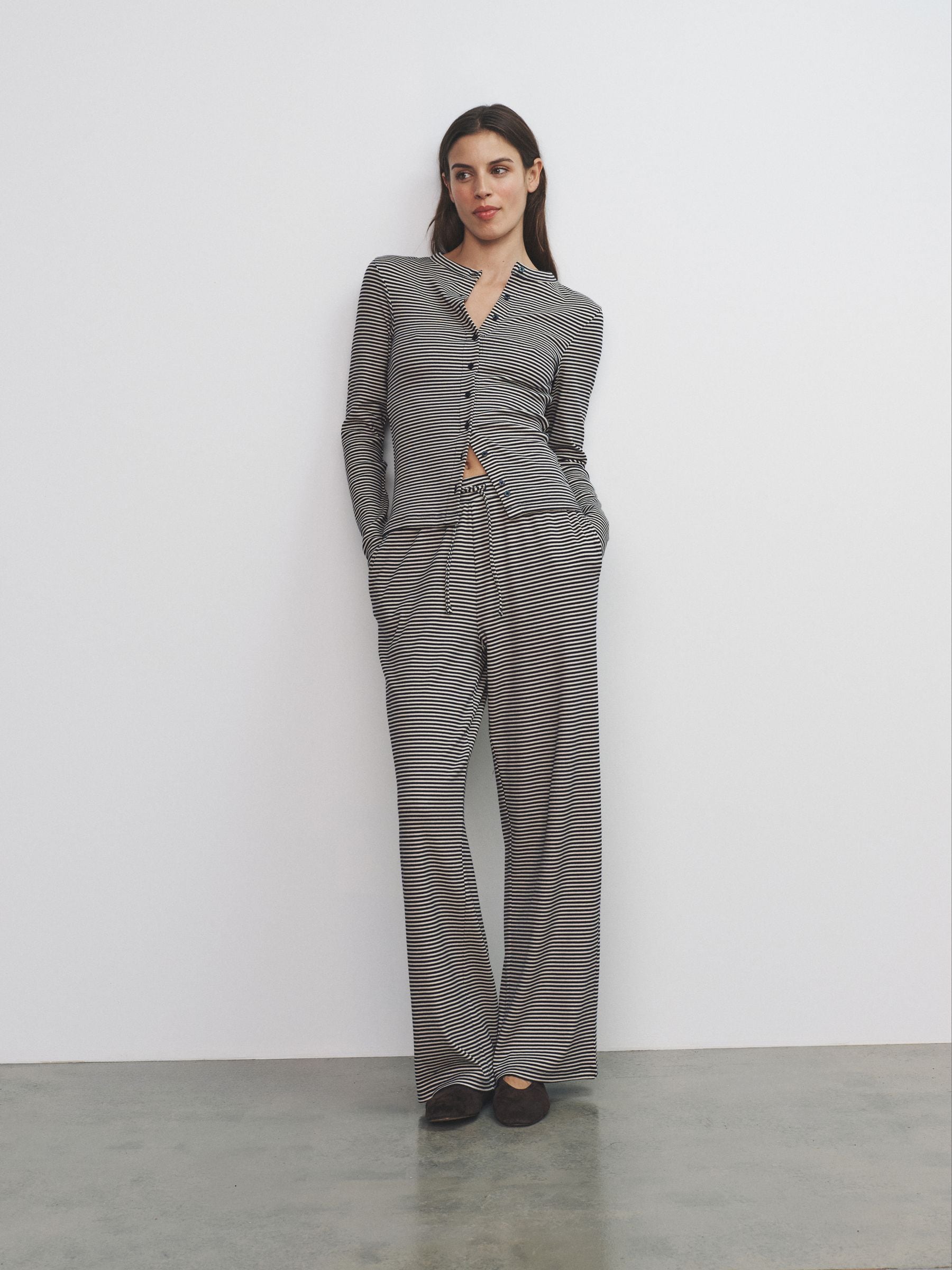 The Set Long Sleeve Button Through T-Shirts and Trousers Co-Ord Set - Stripe - Regular - SIP Worn