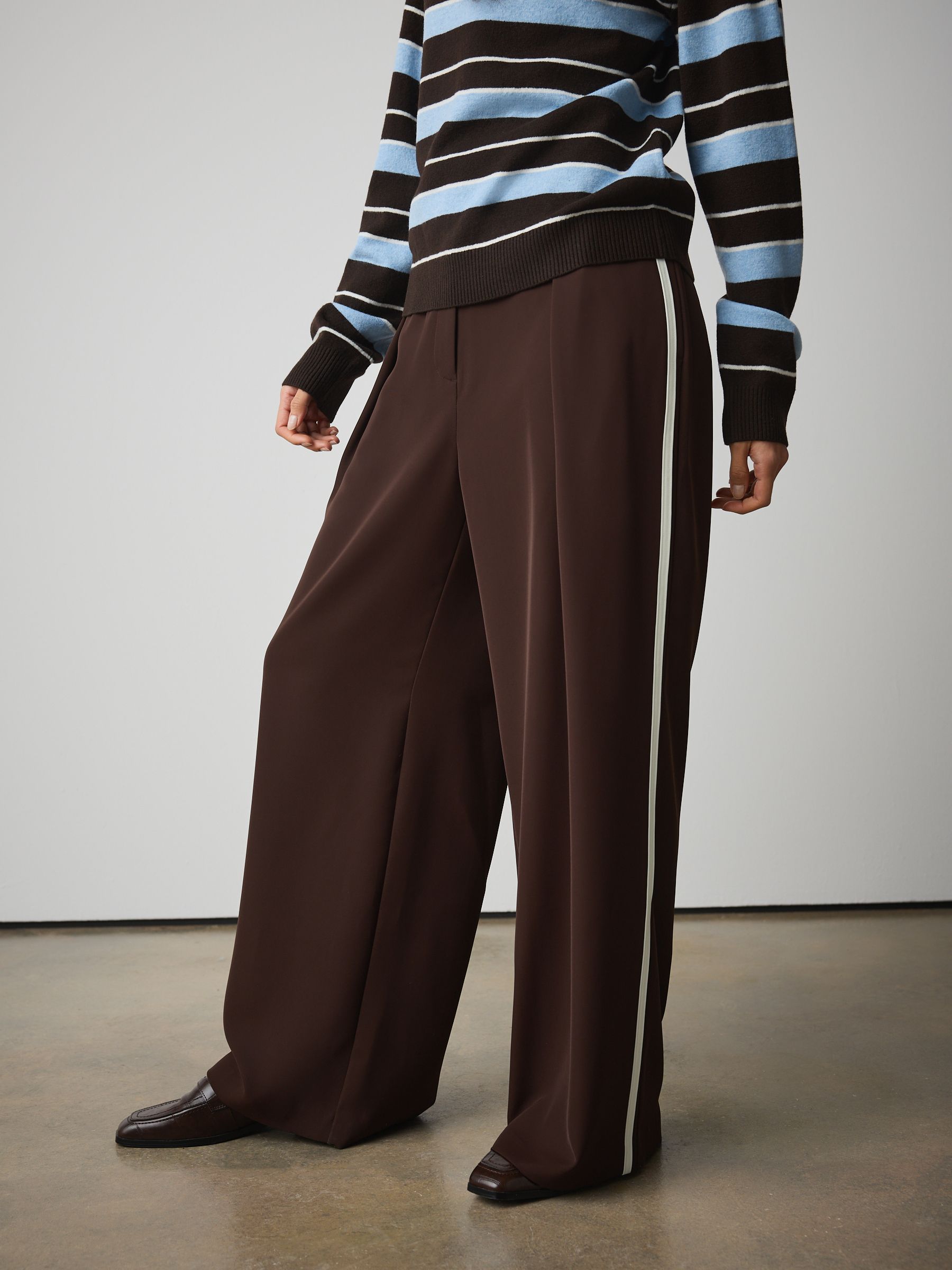 Elastic Back Wide Leg Trousers - Chocolate Brown Stripe - Regular - Location Worn