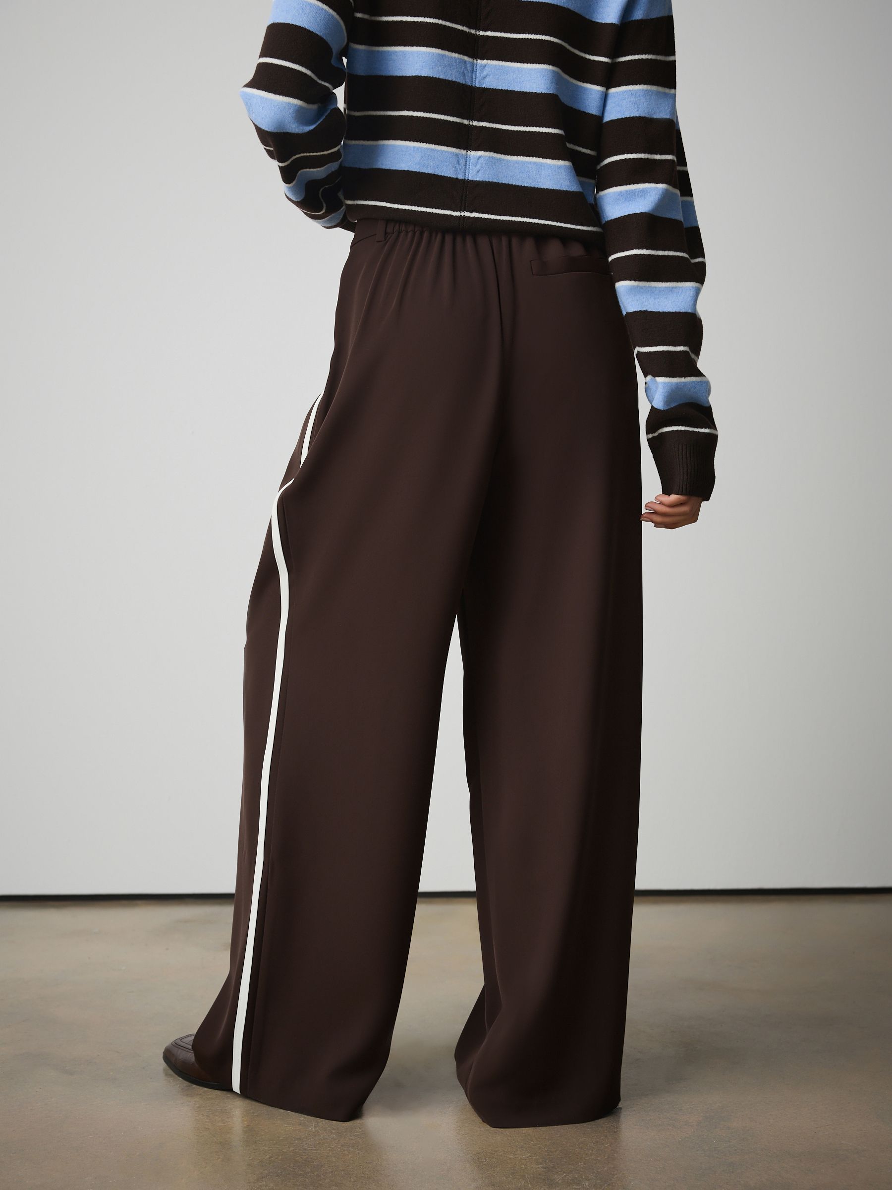 Elastic Back Wide Leg Trousers - Chocolate Brown Stripe - Regular - Location Worn