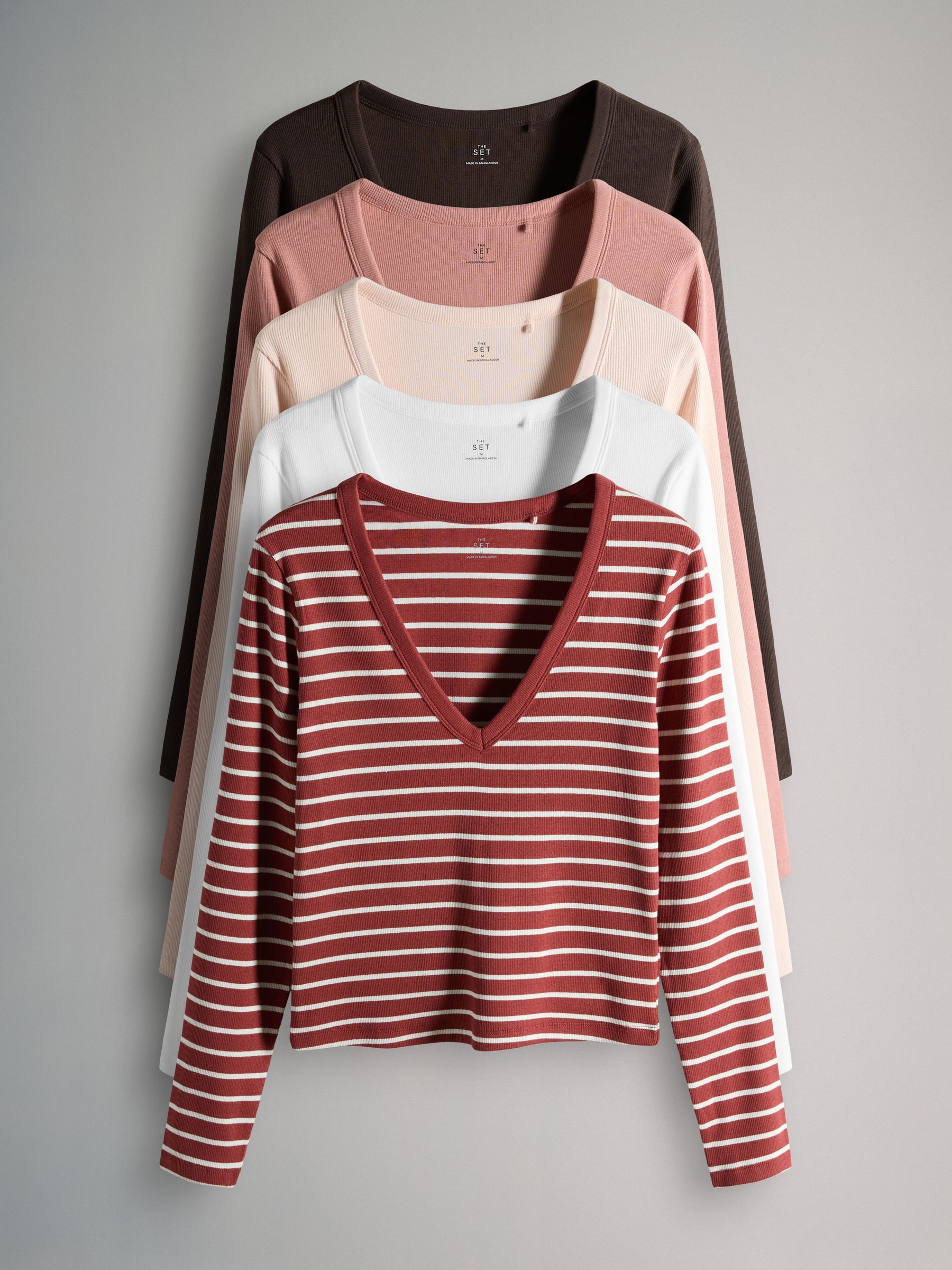 The Set 5 Pack V-Neck Ribbed Long Sleeve T-Shirts - Pink/Brown/Stripe - Regular - SIP Still Life