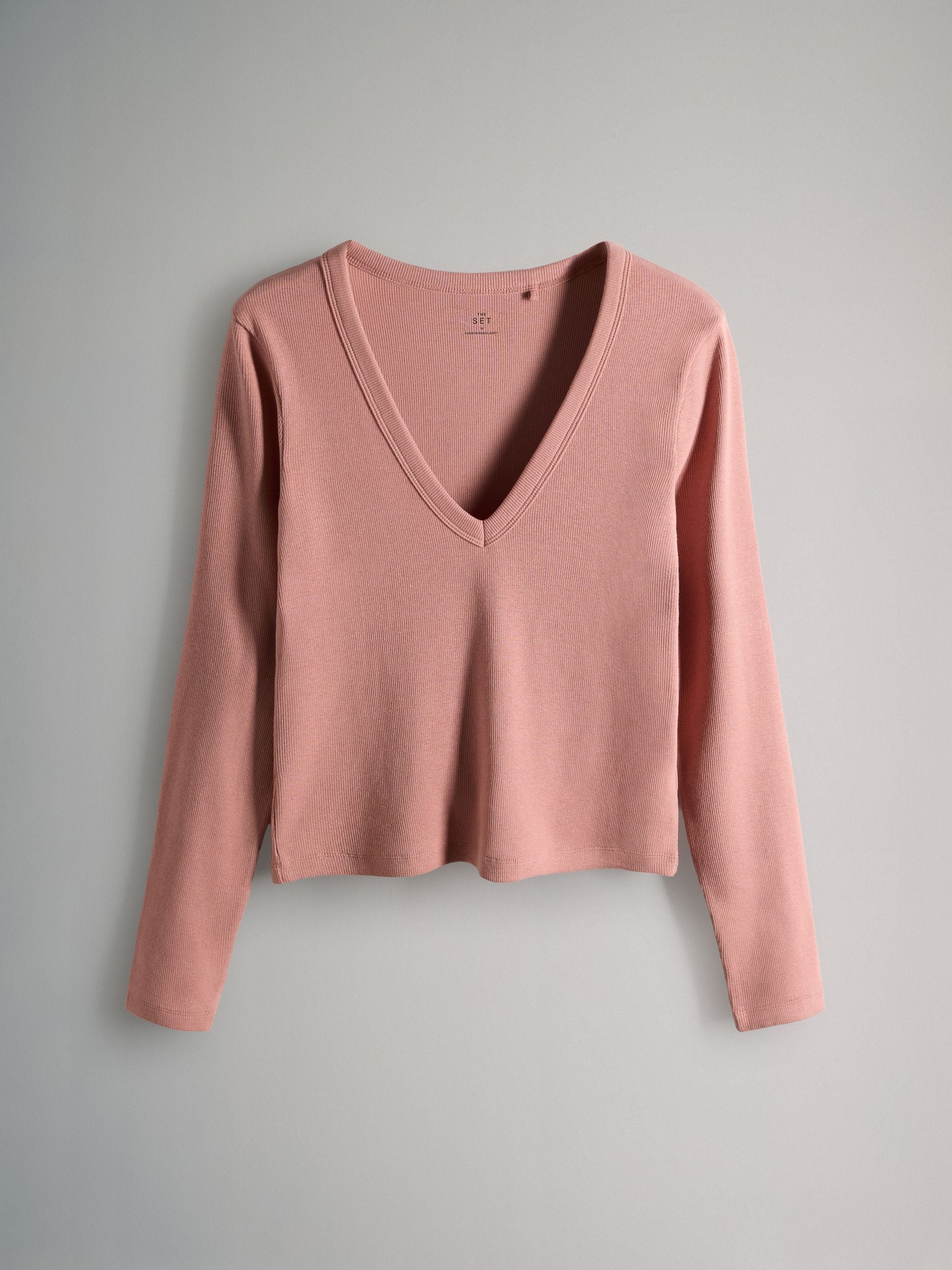 The Set 5 Pack V-Neck Ribbed Long Sleeve T-Shirts - Pink/Brown/Stripe - Regular - SIP Still Life