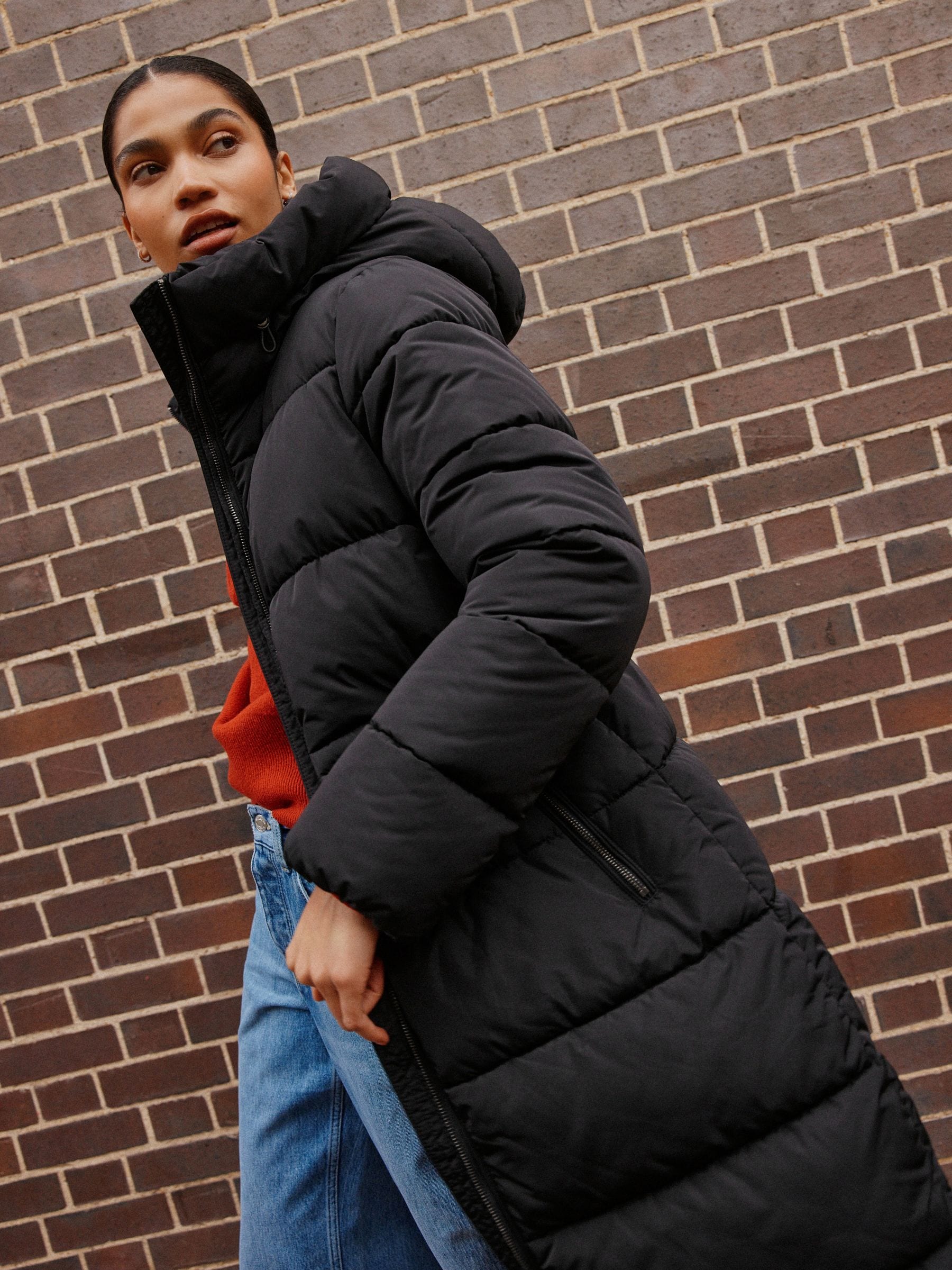 Shower Resistant Hooded Long Padded Puffer Coat - Black - Regular - Location Worn