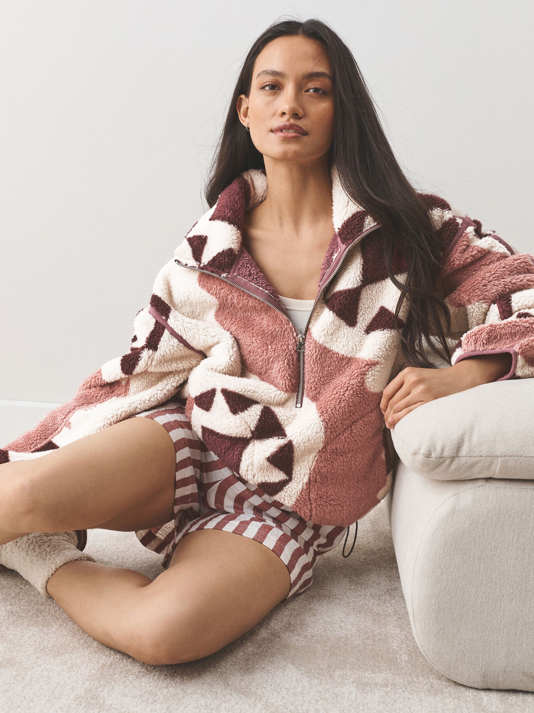 Half Zip Borg Fleece - Cream Geometric - Regular - SIP Worn