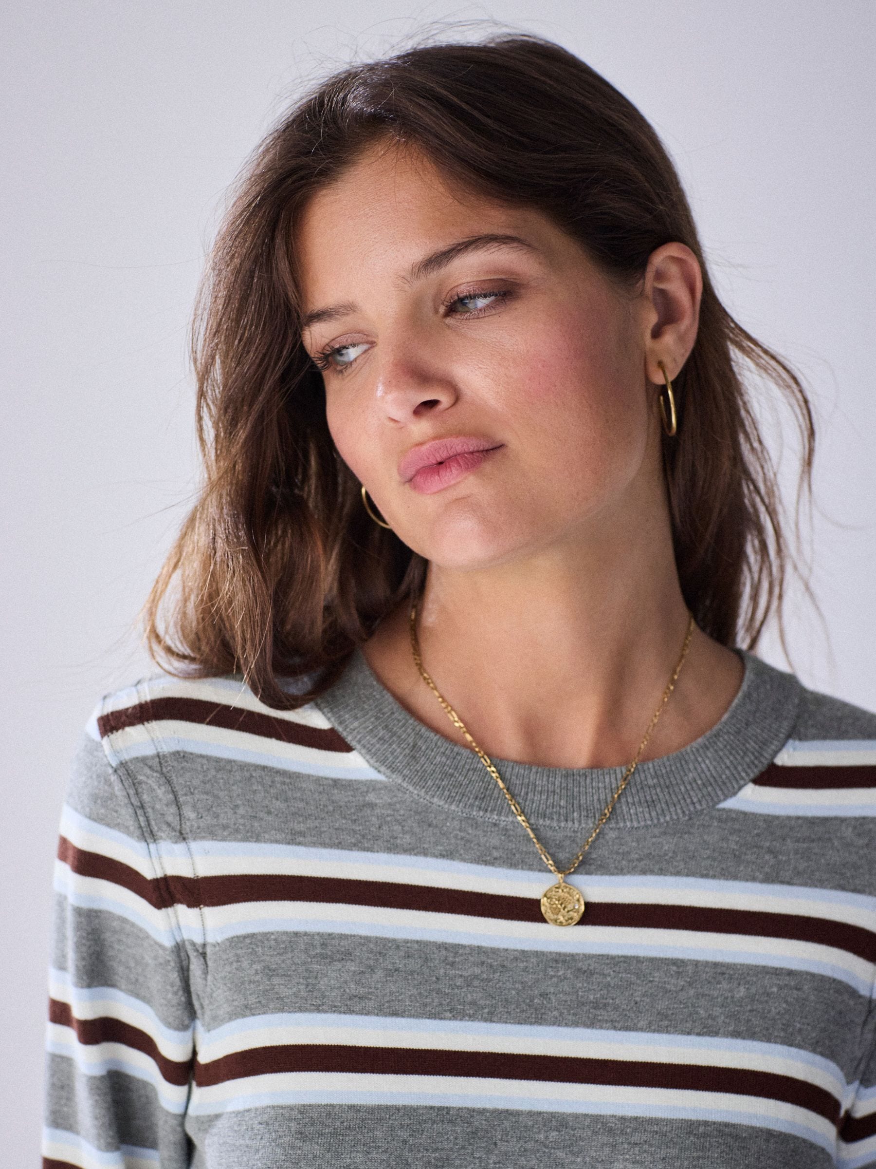Cotton Rich Soft Touch Long Sleeve Crew Neck Jumper - Grey Stripe - Regular - Location Worn