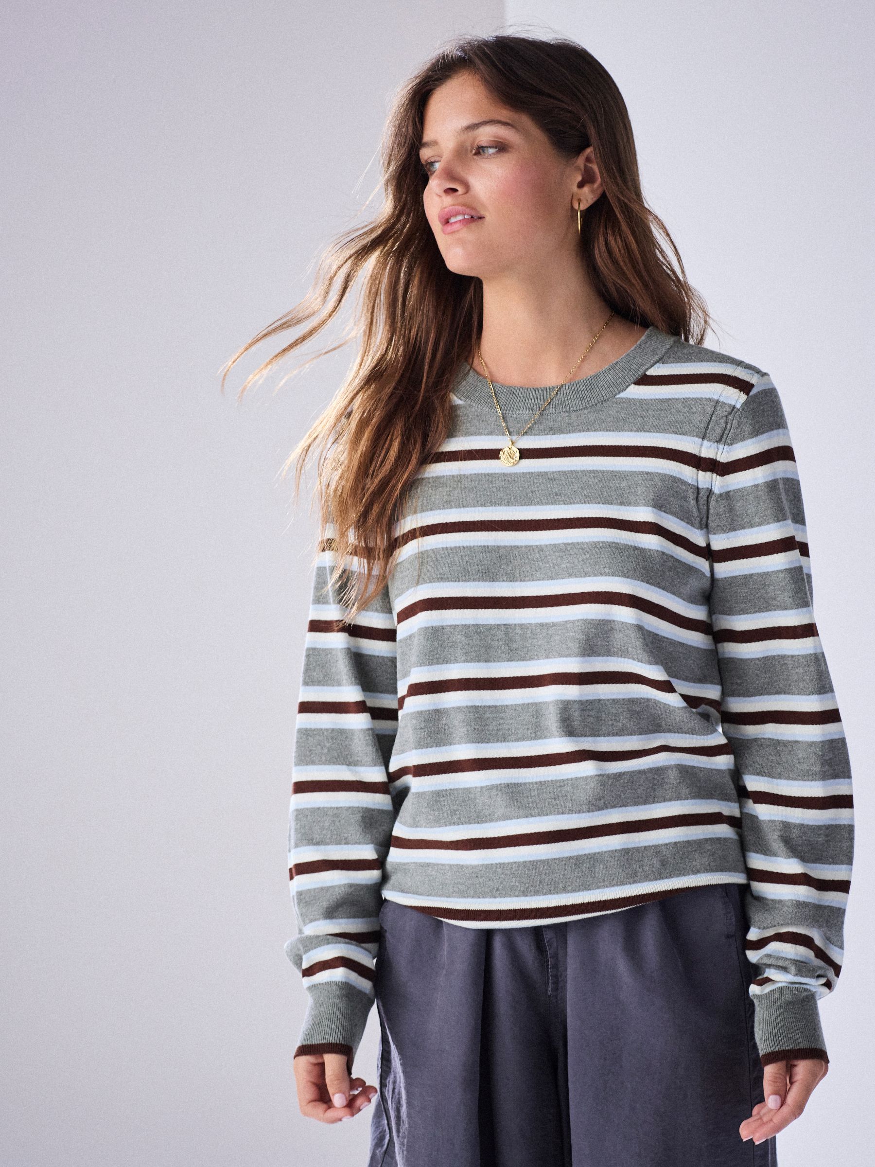 Cotton Rich Soft Touch Long Sleeve Crew Neck Jumper - Grey Stripe - Regular - Location Worn