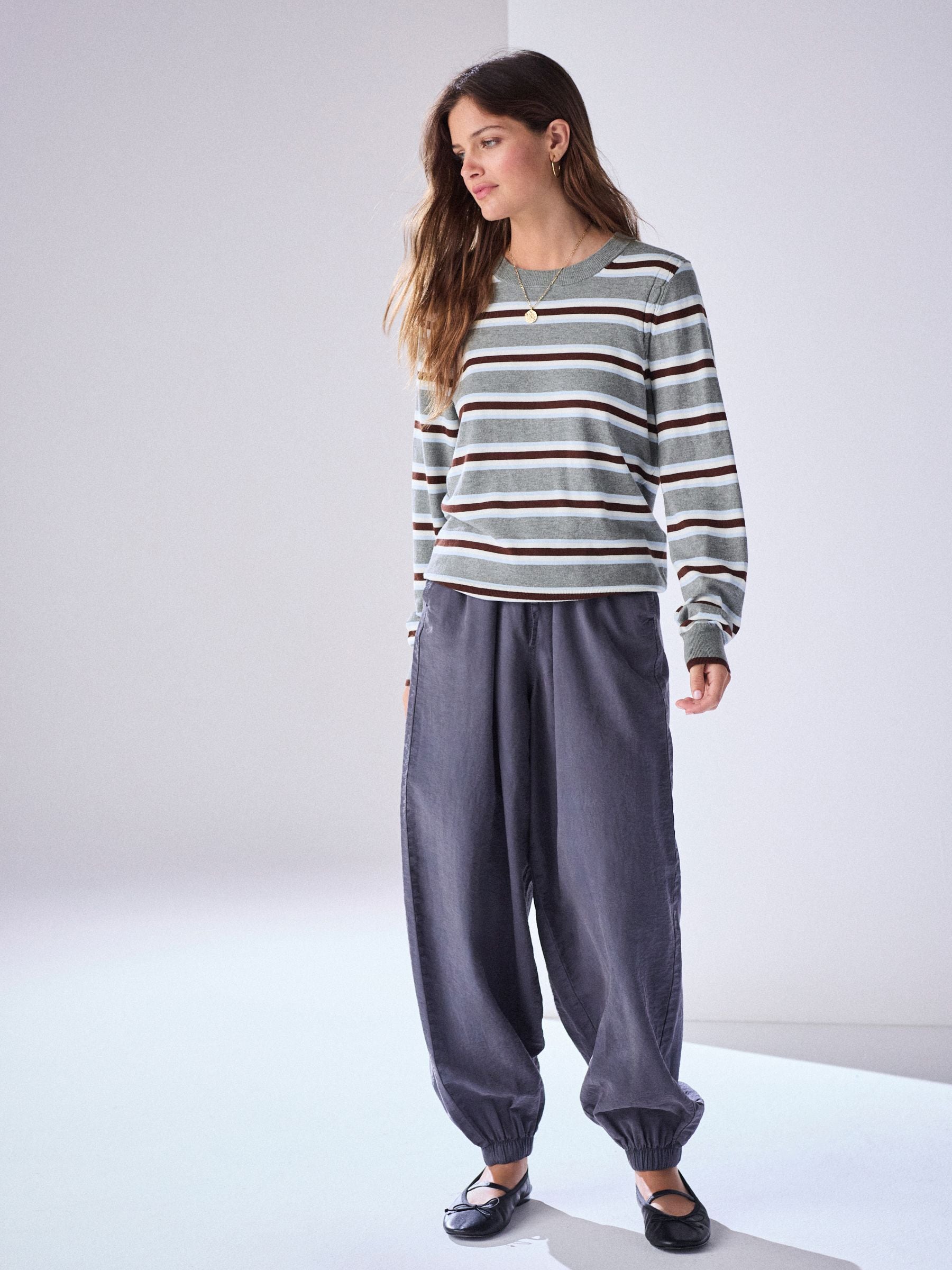 Cotton Rich Soft Touch Long Sleeve Crew Neck Jumper - Grey Stripe - Regular - Location Worn