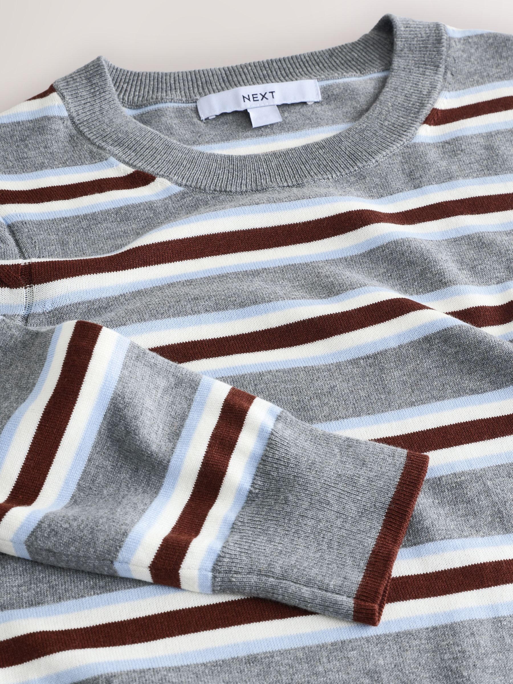 Cotton Rich Soft Touch Long Sleeve Crew Neck Jumper - Grey Stripe - Regular - SIP Still Life