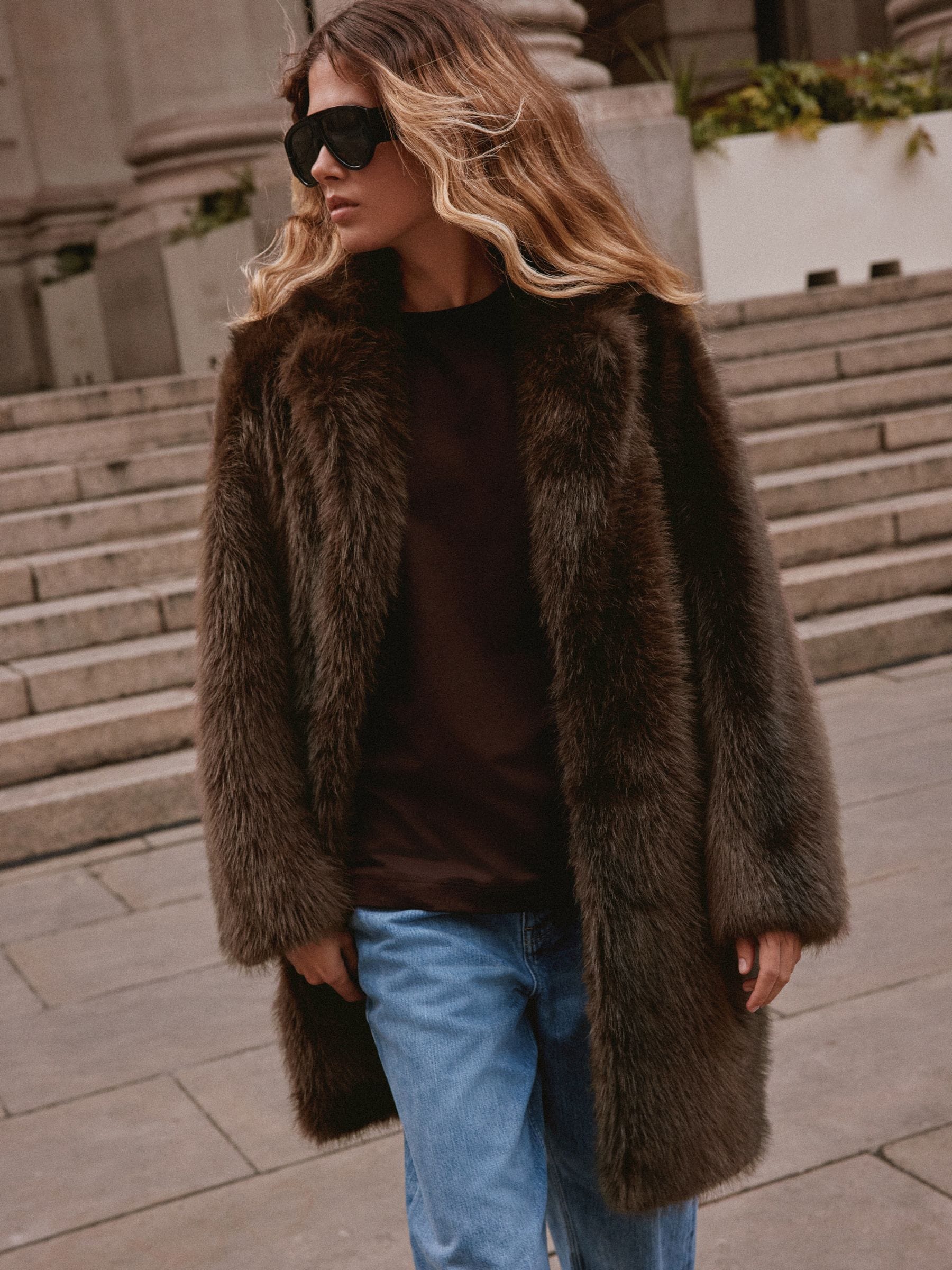 Faux Fur Longline Jacket - Chocolate Brown - Regular - Location Worn