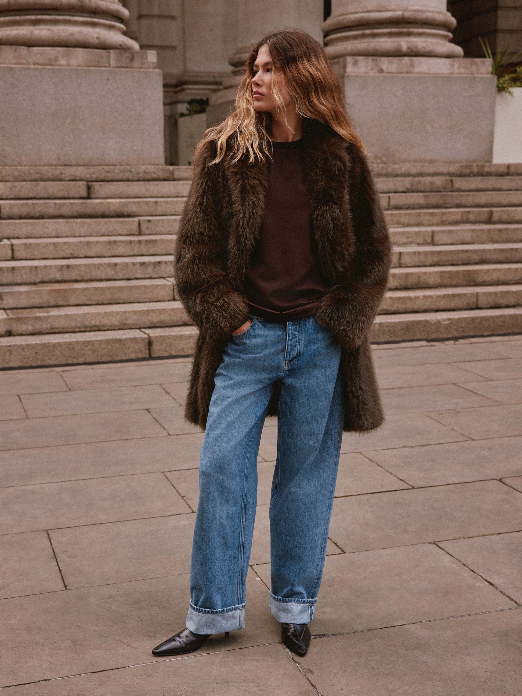 Faux Fur Longline Jacket - Chocolate Brown - Regular - Location Worn