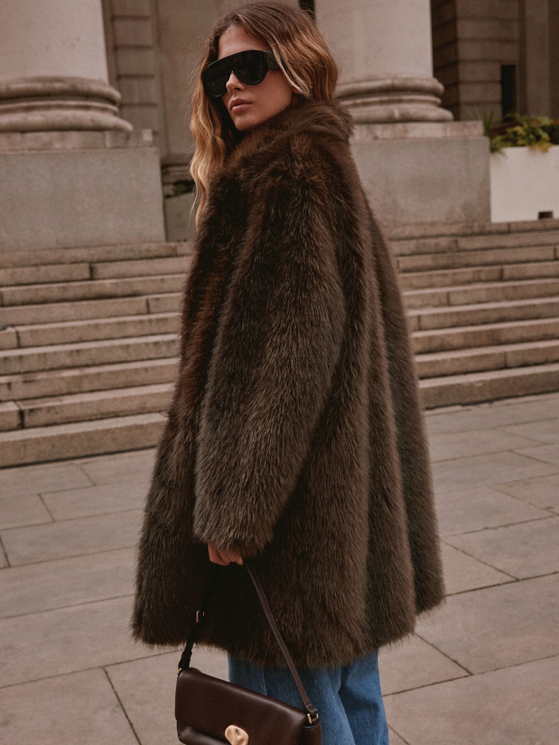 Faux Fur Longline Jacket - Chocolate Brown - Regular - Location Worn