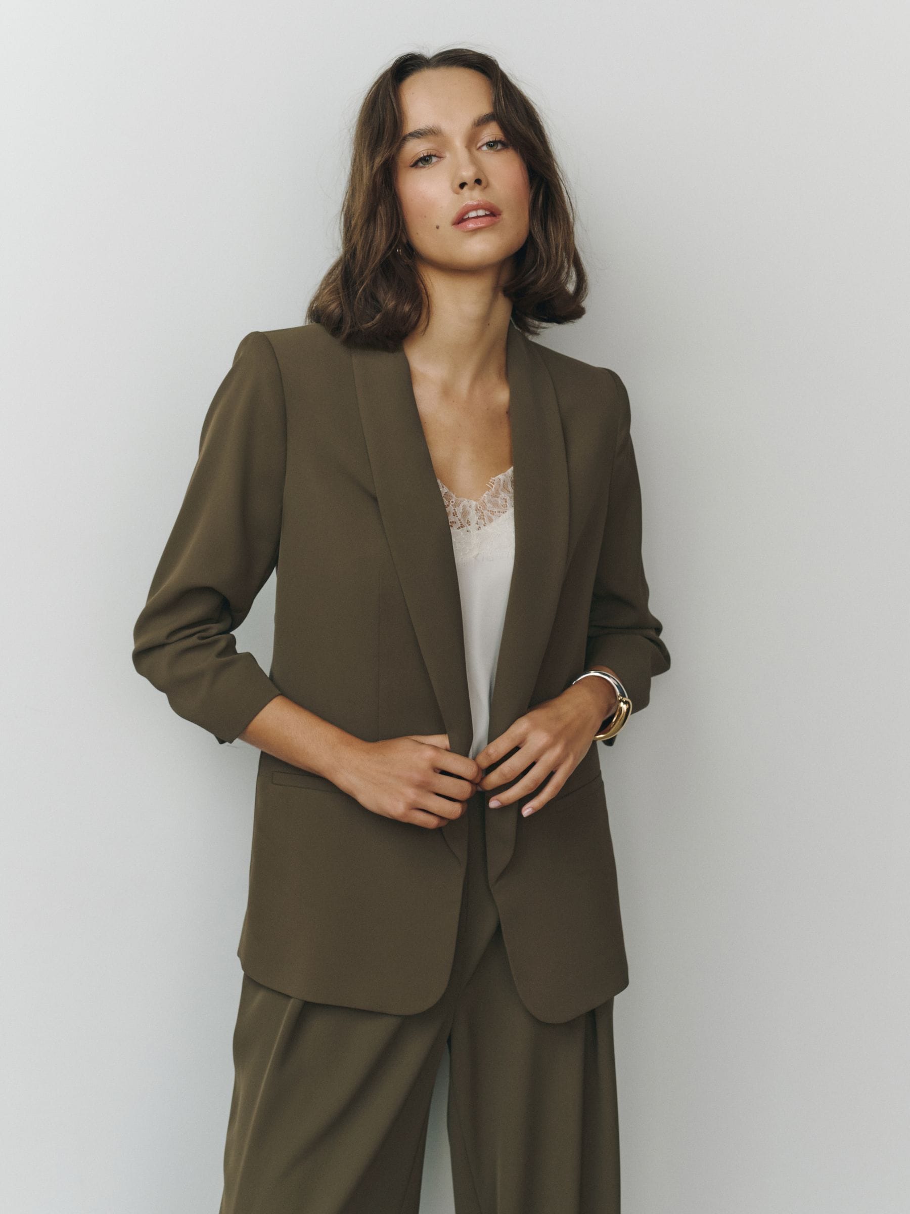 Relaxed Ruched Sleeve Blazer - Olive Green - Regular - SIP Worn