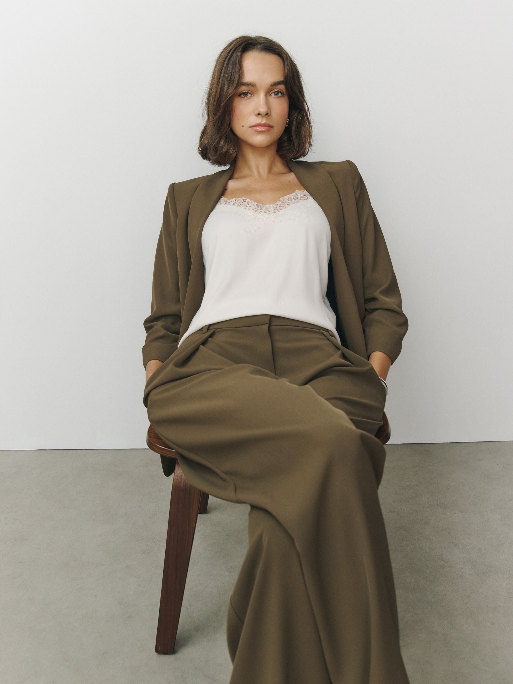 Relaxed Ruched Sleeve Blazer - Olive Green - Regular - SIP Worn