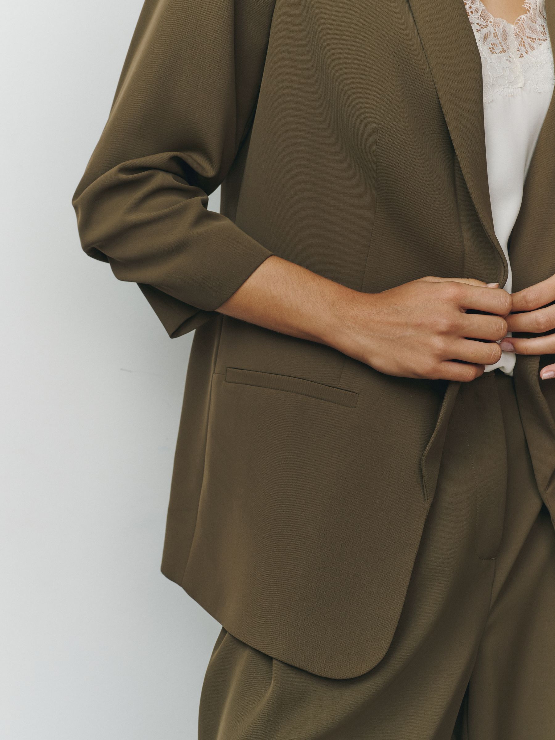 Relaxed Ruched Sleeve Blazer - Olive Green - Regular - SIP Worn