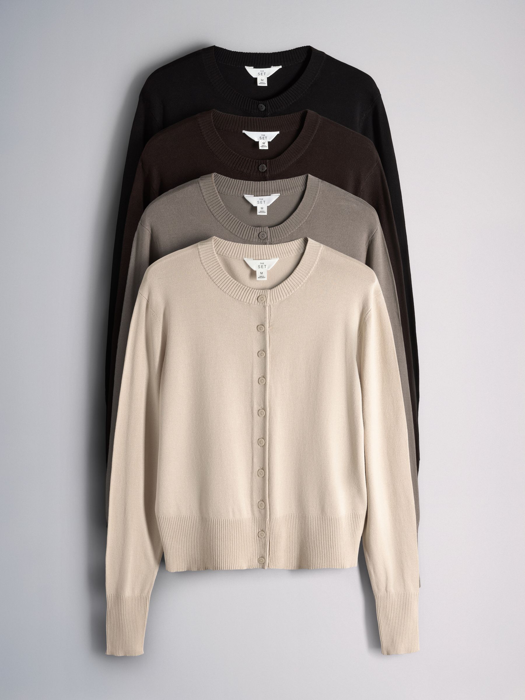 The Set 4 Pack Fine Knit Button Through Cardigan - Black/Chocolate Brown/Cinder Brown/Cream - Regular - SIP Still Life