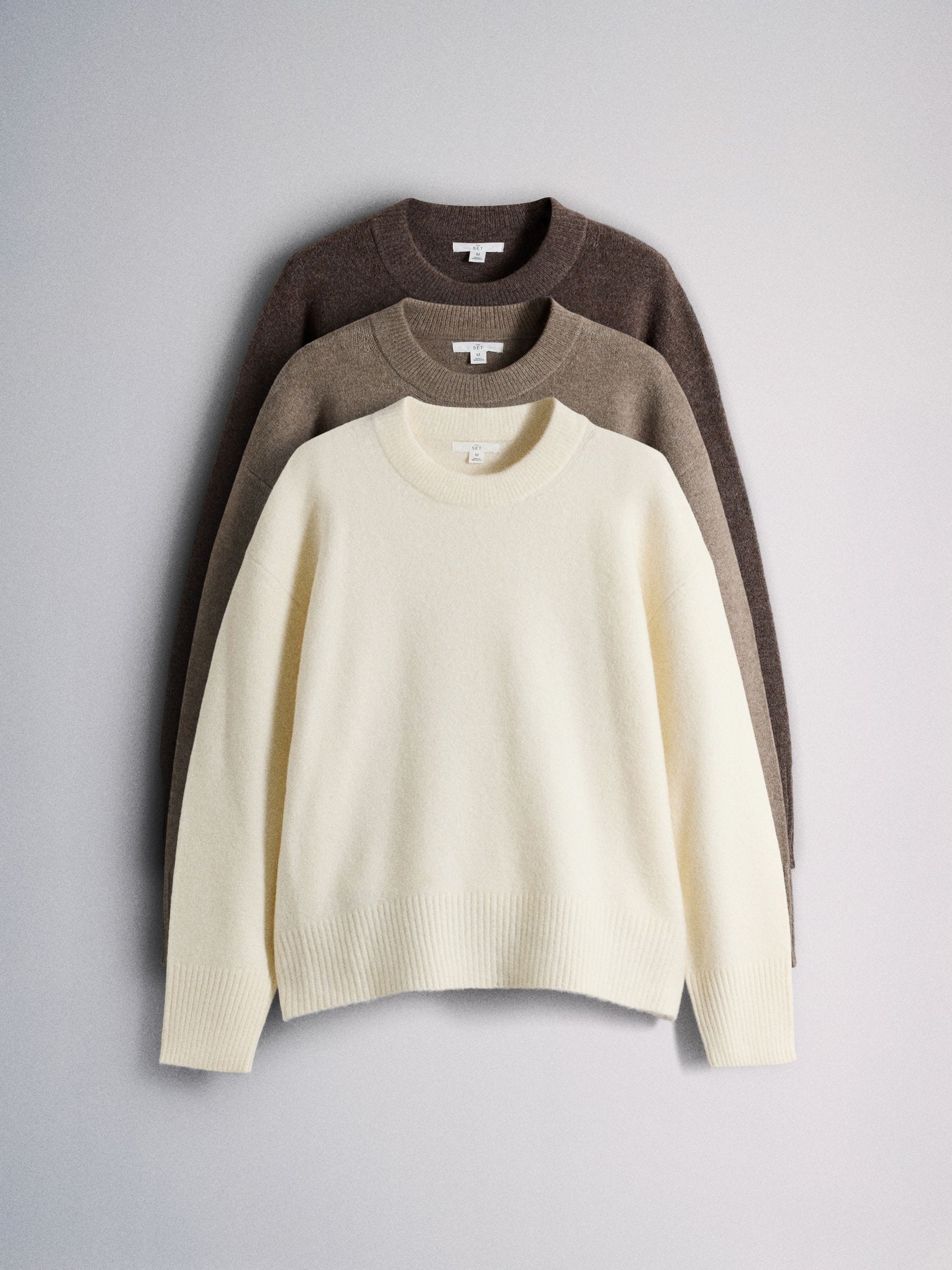 The Set 3 Pack Crew Neck Jumpers - Cream/Taupe Brown/Chocolate Brown - Regular - SIP Still Life