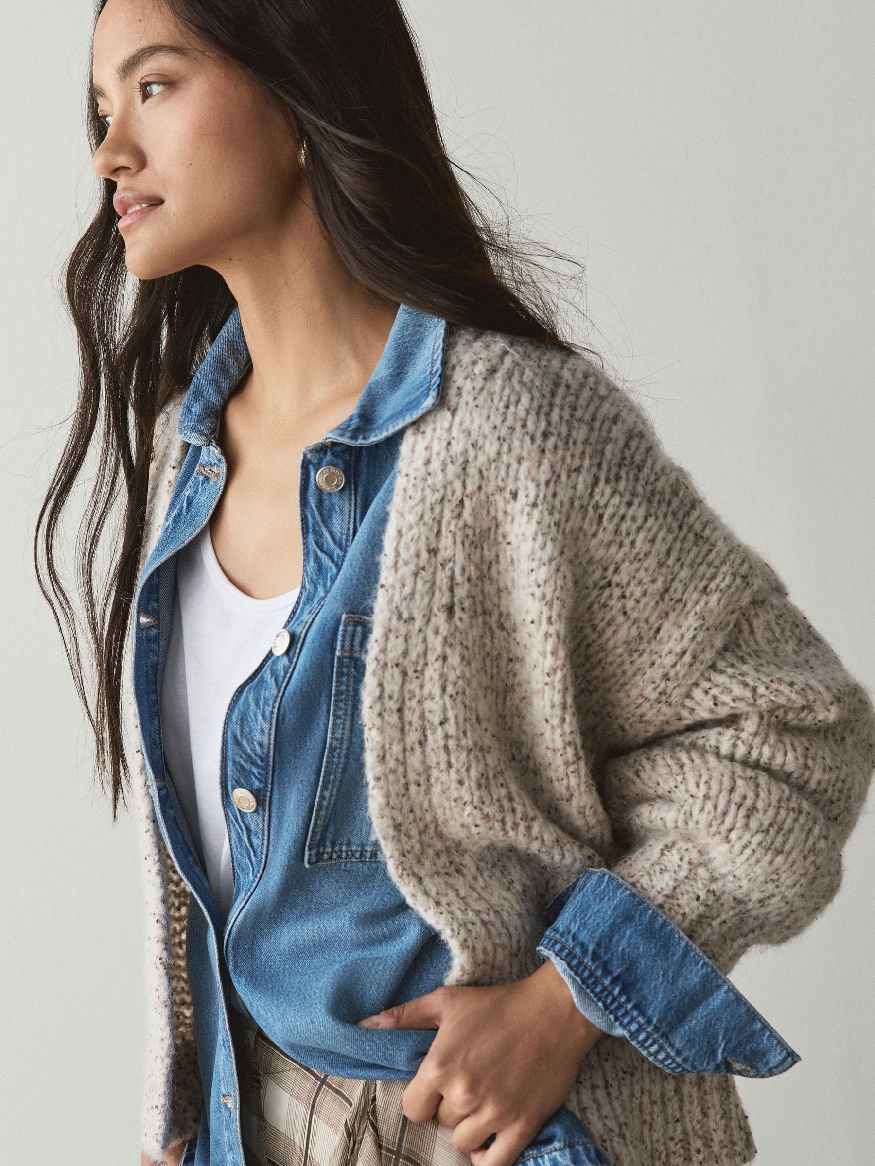 Soft Touch Chunky Knit Open Cardigan - Neutral Neppy - Regular - SIP Worn