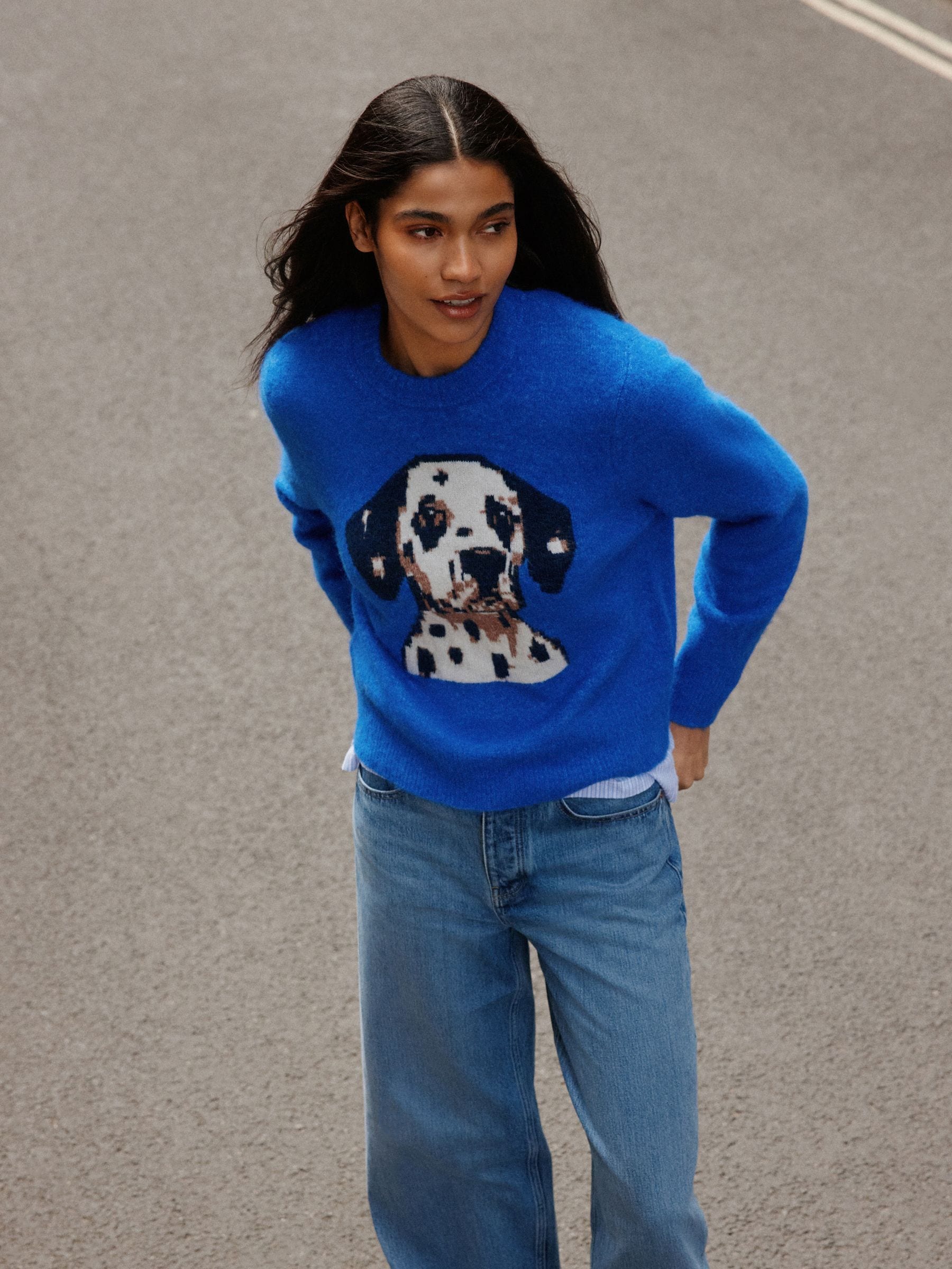 Long Sleeve Crew Neck Knitted Jumper With Wool - Cobalt Blue Dog Graphic - Regular - Location Worn