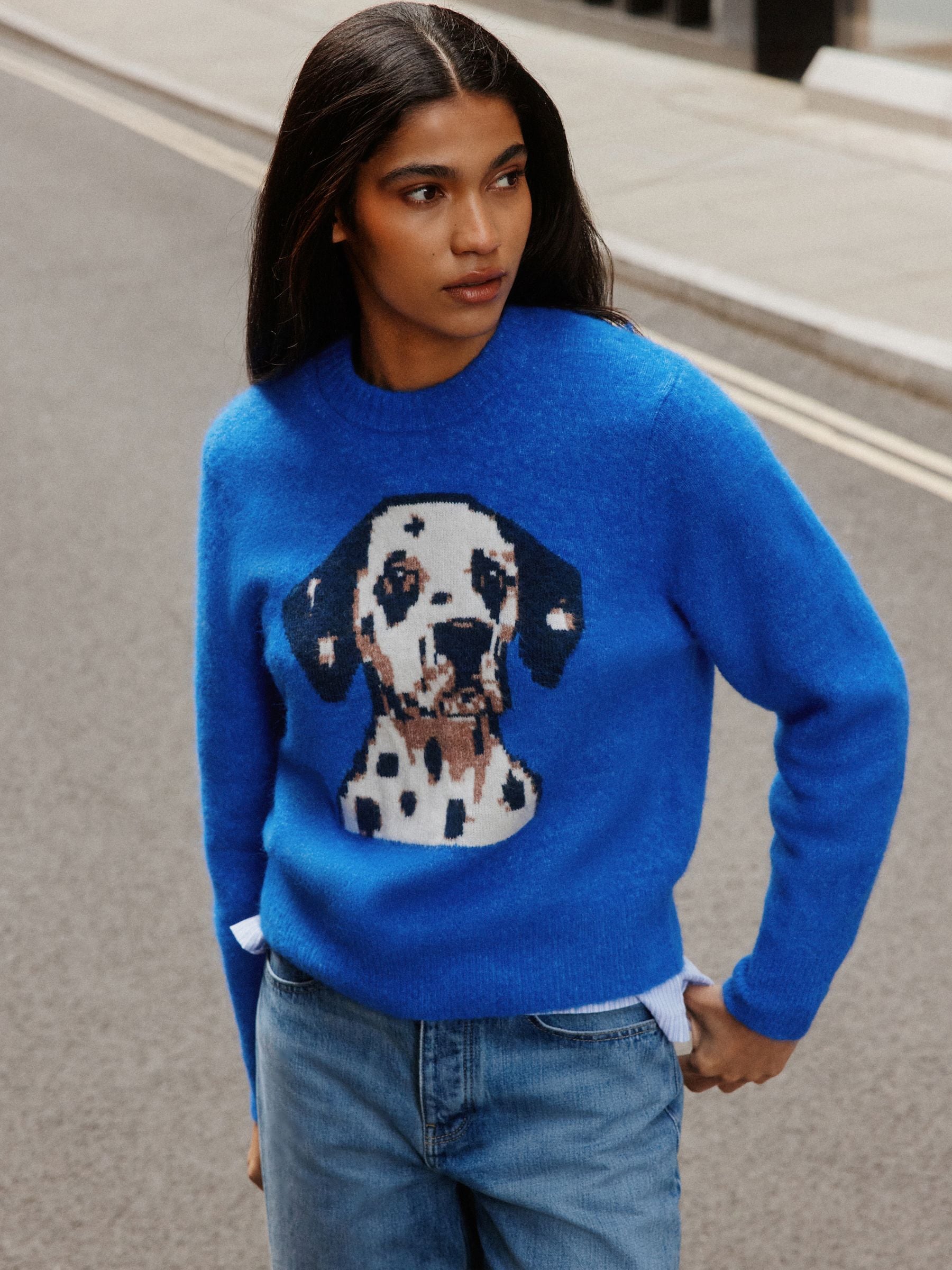 Long Sleeve Crew Neck Knitted Jumper With Wool - Cobalt Blue Dog Graphic - Regular - Location Worn