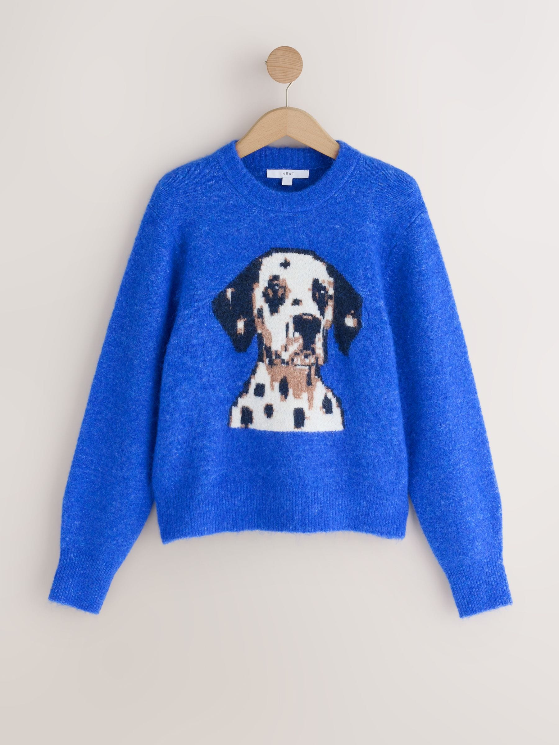Long Sleeve Crew Neck Knitted Jumper With Wool - Cobalt Blue Dog Graphic - Regular - SIP Still Life