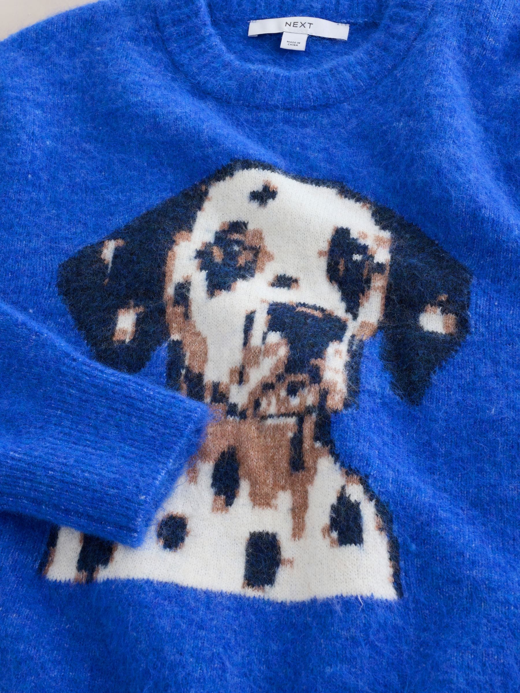 Long Sleeve Crew Neck Knitted Jumper With Wool - Cobalt Blue Dog Graphic - Regular - SIP Still Life