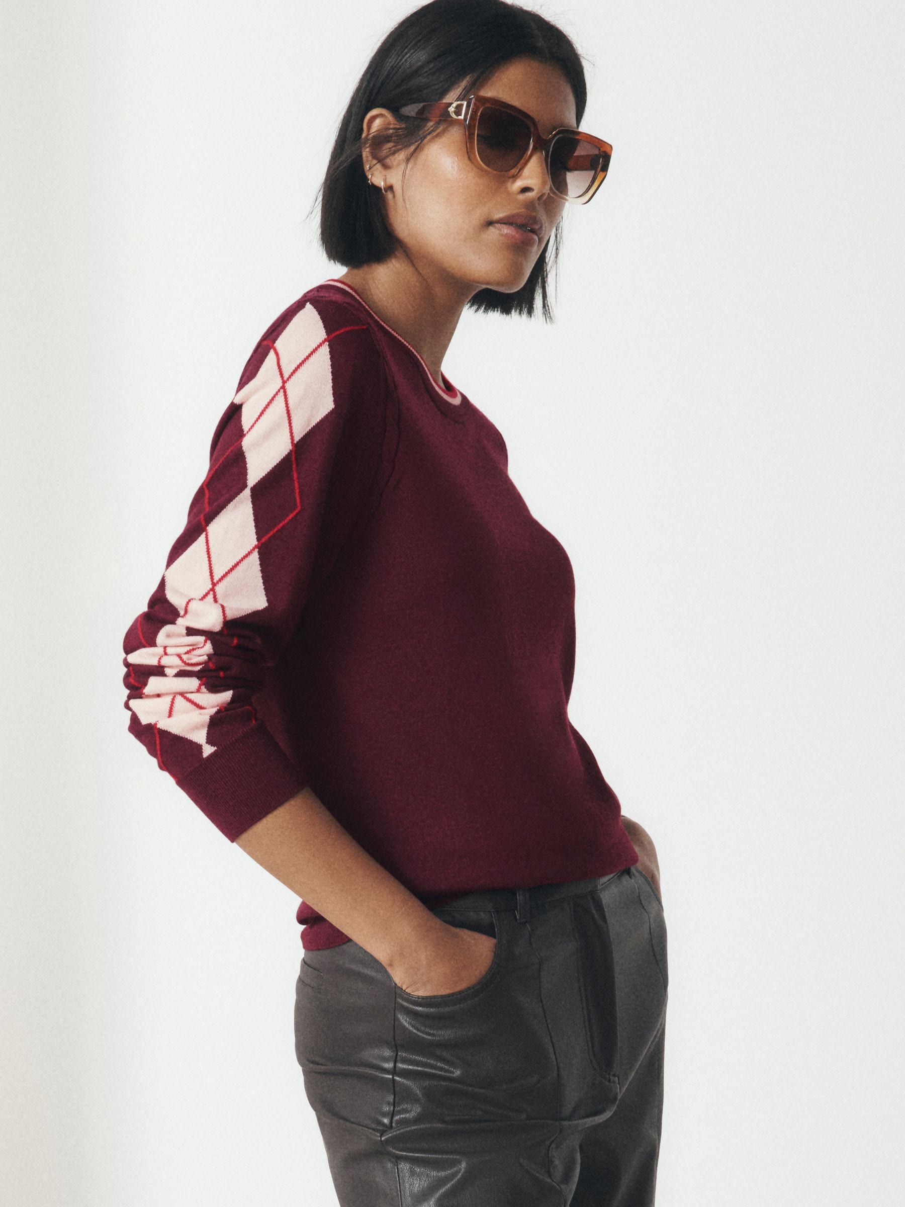 Cotton Rich Soft Touch Long Sleeve Crew Neck Jumper - Berry Red Argyle - Regular - Location Worn