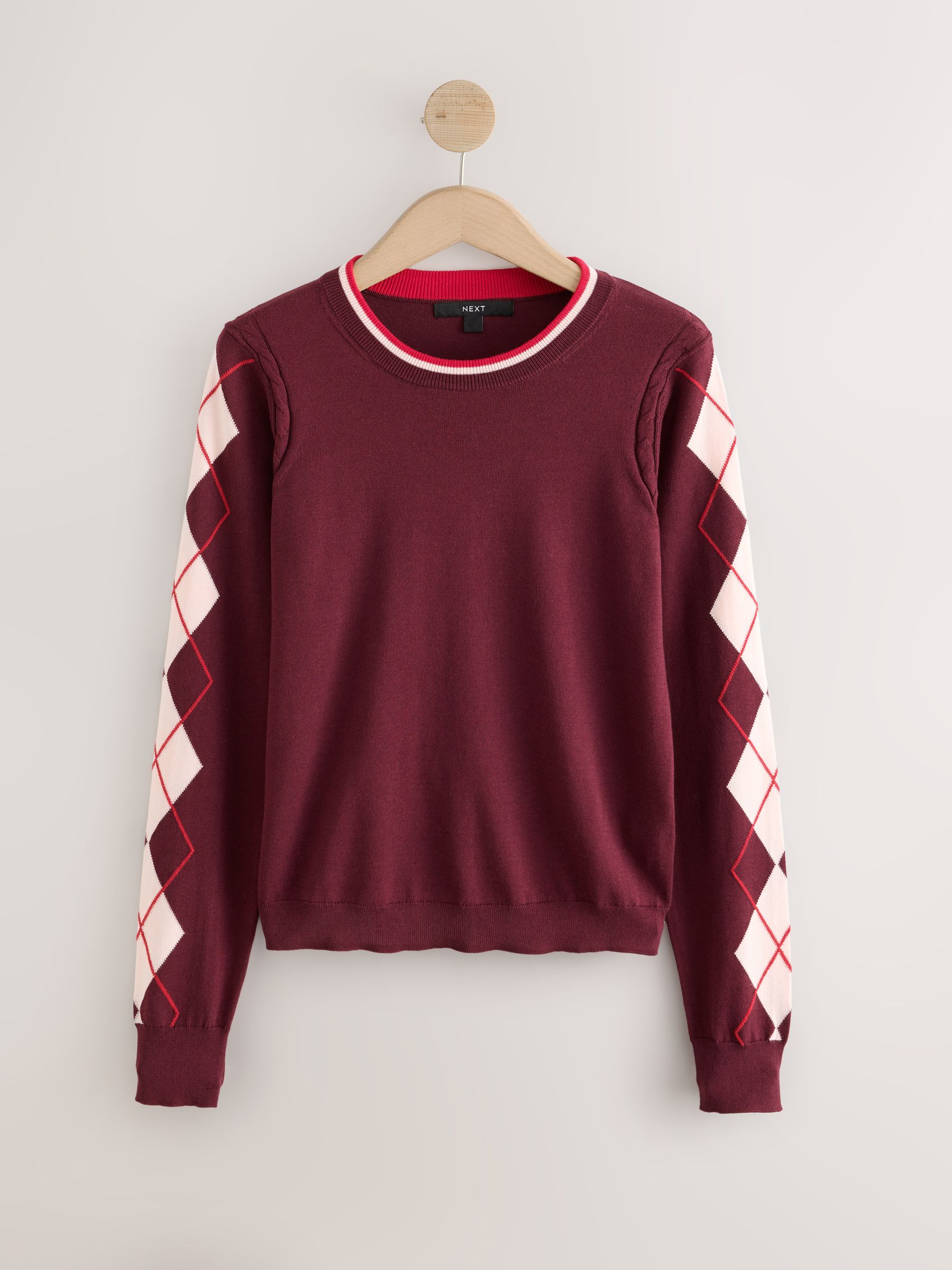 Cotton Rich Soft Touch Long Sleeve Crew Neck Jumper - Berry Red Argyle - Regular - SIP Still Life