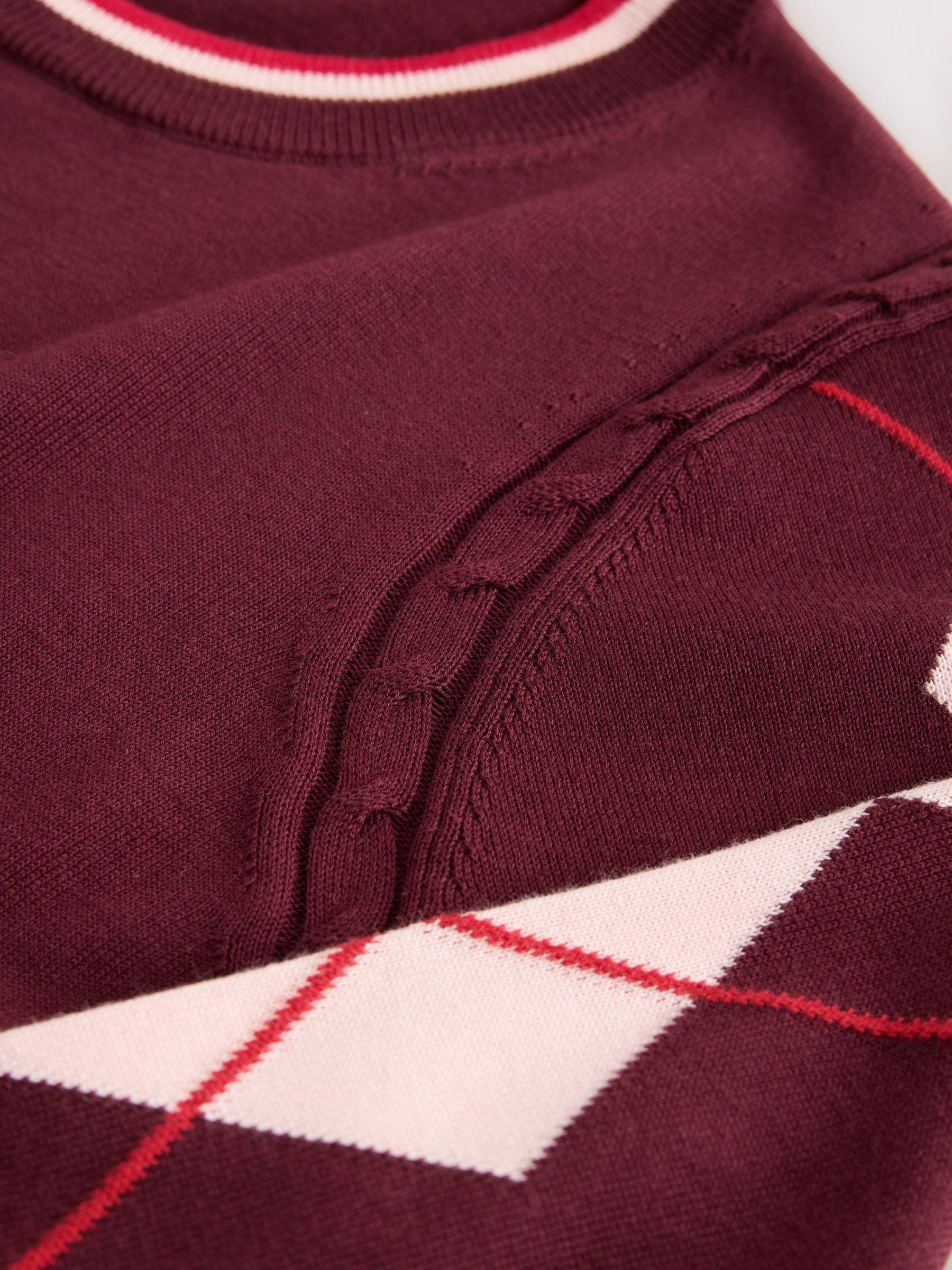 Cotton Rich Soft Touch Long Sleeve Crew Neck Jumper - Berry Red Argyle - Regular - SIP Still Life