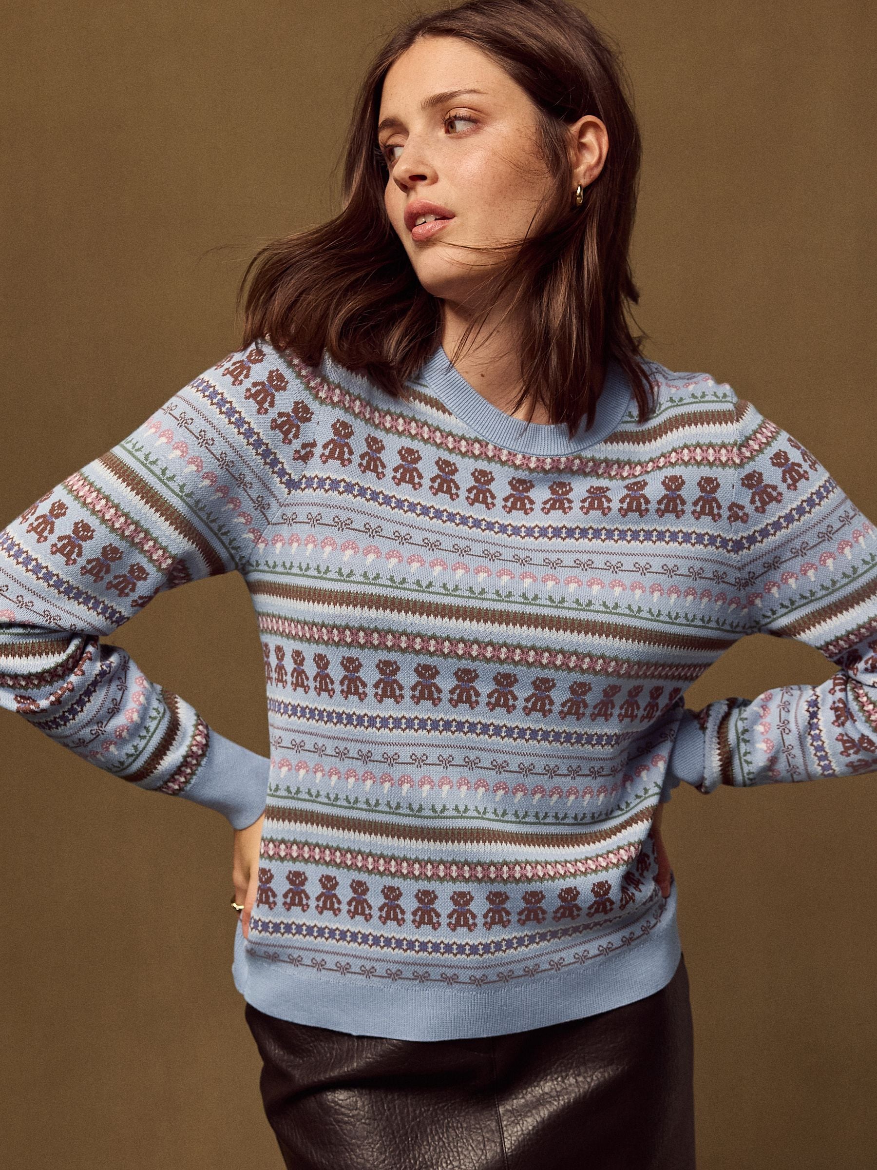 Cotton Rich Soft Touch Long Sleeve Crew Neck Jumper - Blue/Brown Fairisle - Regular - Location Worn
