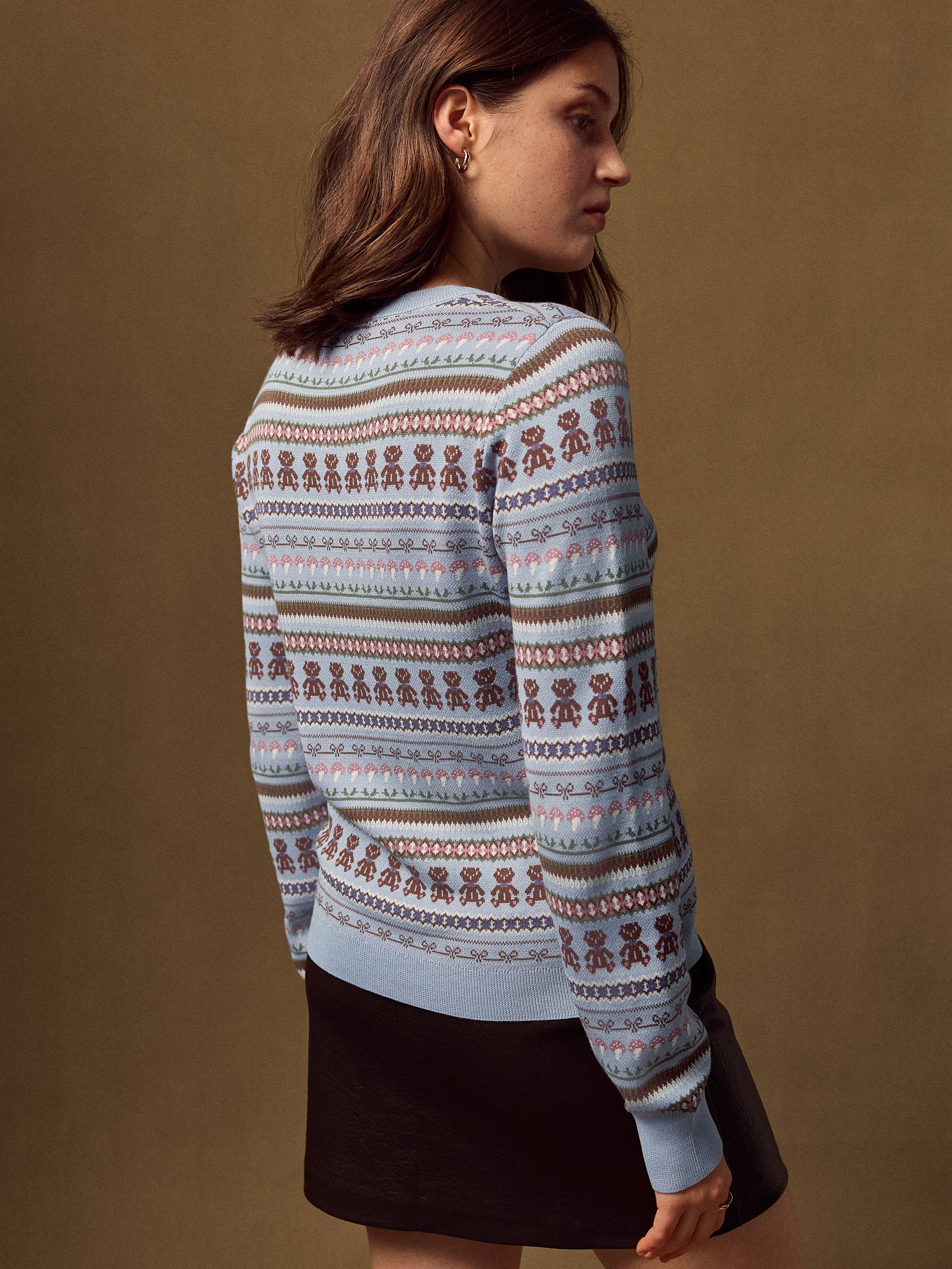 Cotton Rich Soft Touch Long Sleeve Crew Neck Jumper - Blue/Brown Fairisle - Regular - Location Worn