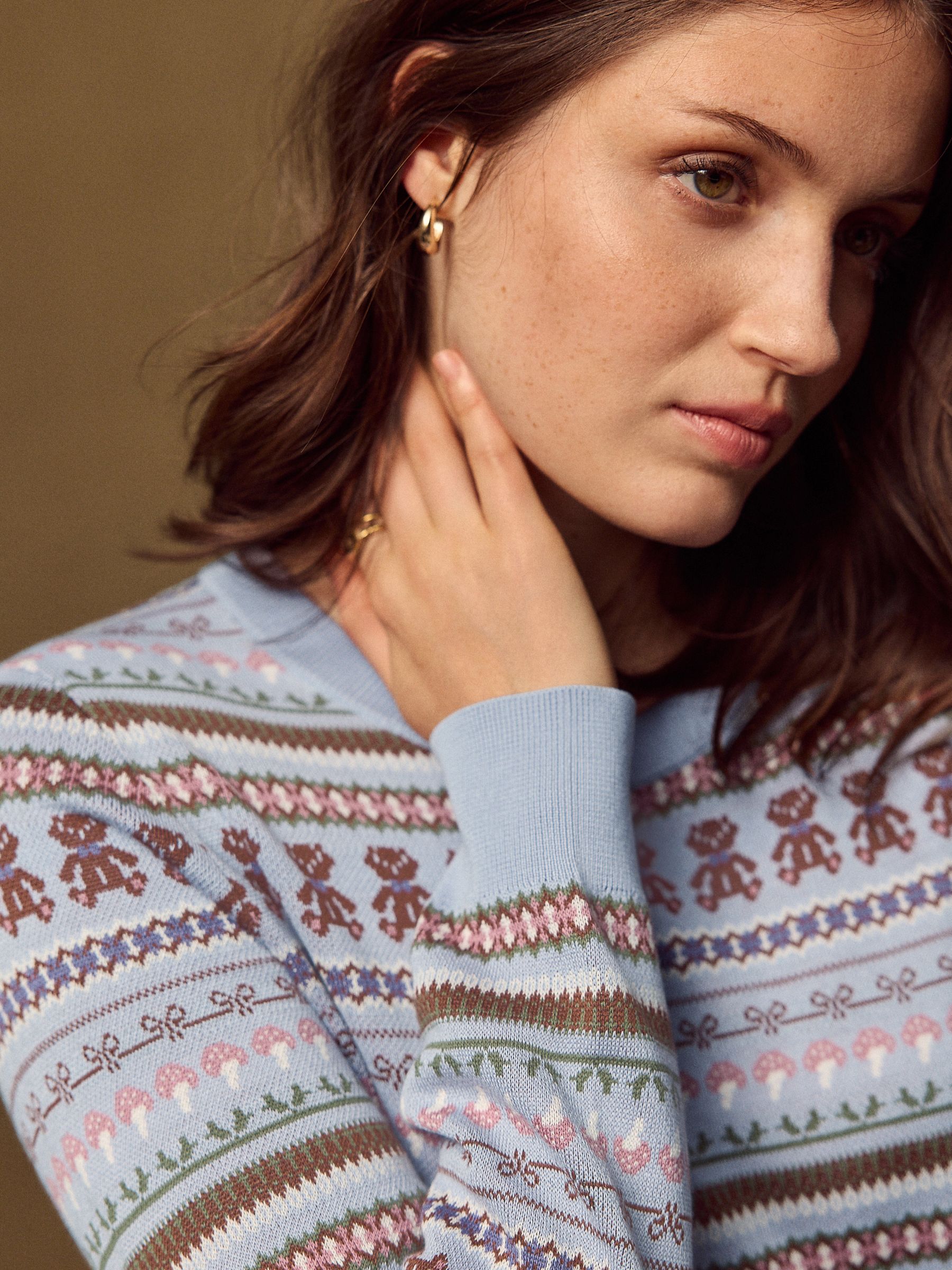 Cotton Rich Soft Touch Long Sleeve Crew Neck Jumper - Blue/Brown Fairisle - Regular - Location Worn
