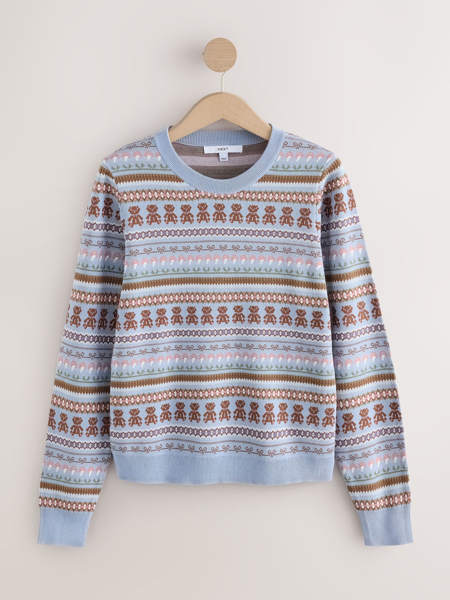 Cotton Rich Soft Touch Long Sleeve Crew Neck Jumper - Blue/Brown Fairisle - Regular - SIP Still Life