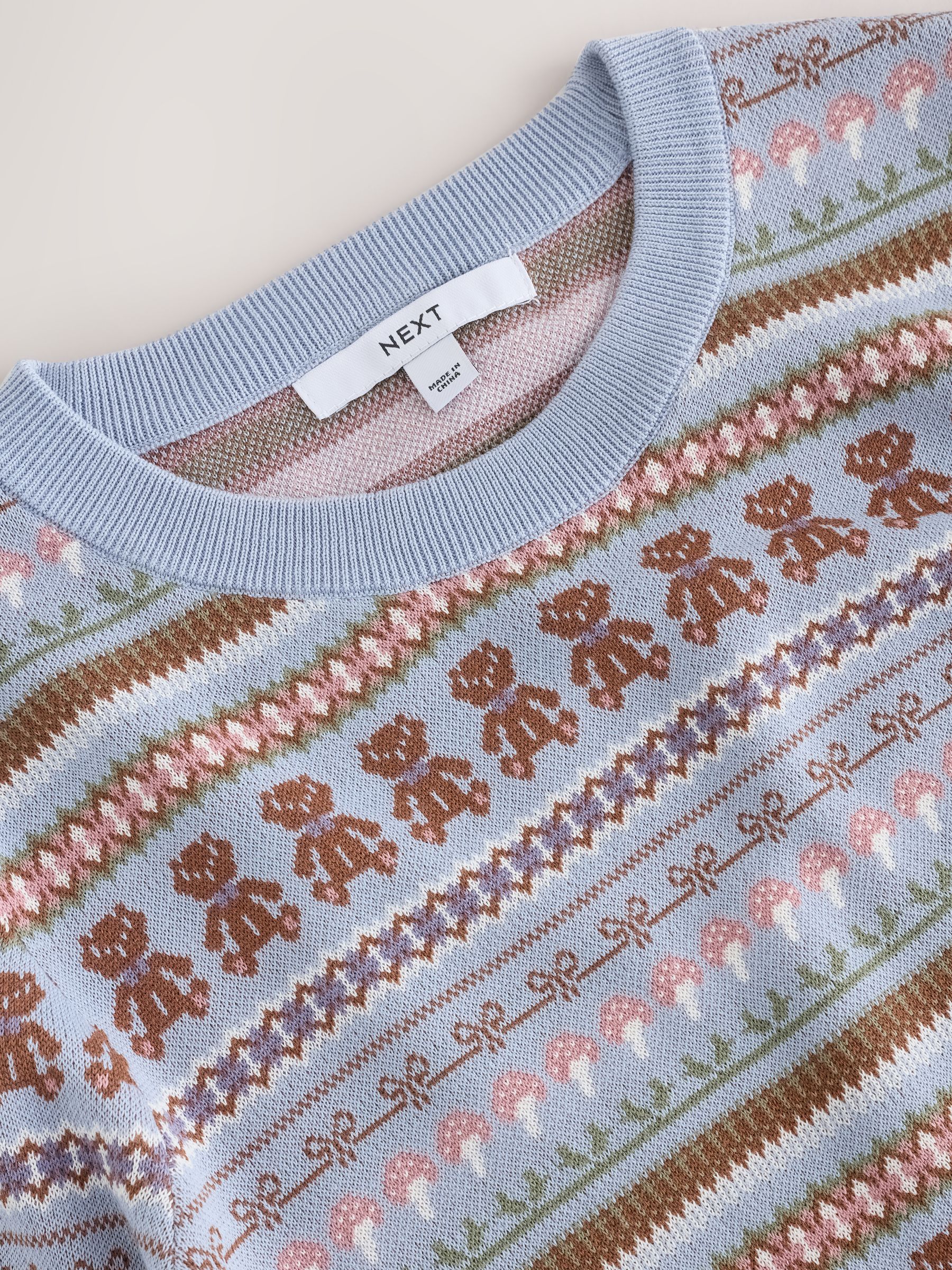 Cotton Rich Soft Touch Long Sleeve Crew Neck Jumper - Blue/Brown Fairisle - Regular - SIP Still Life