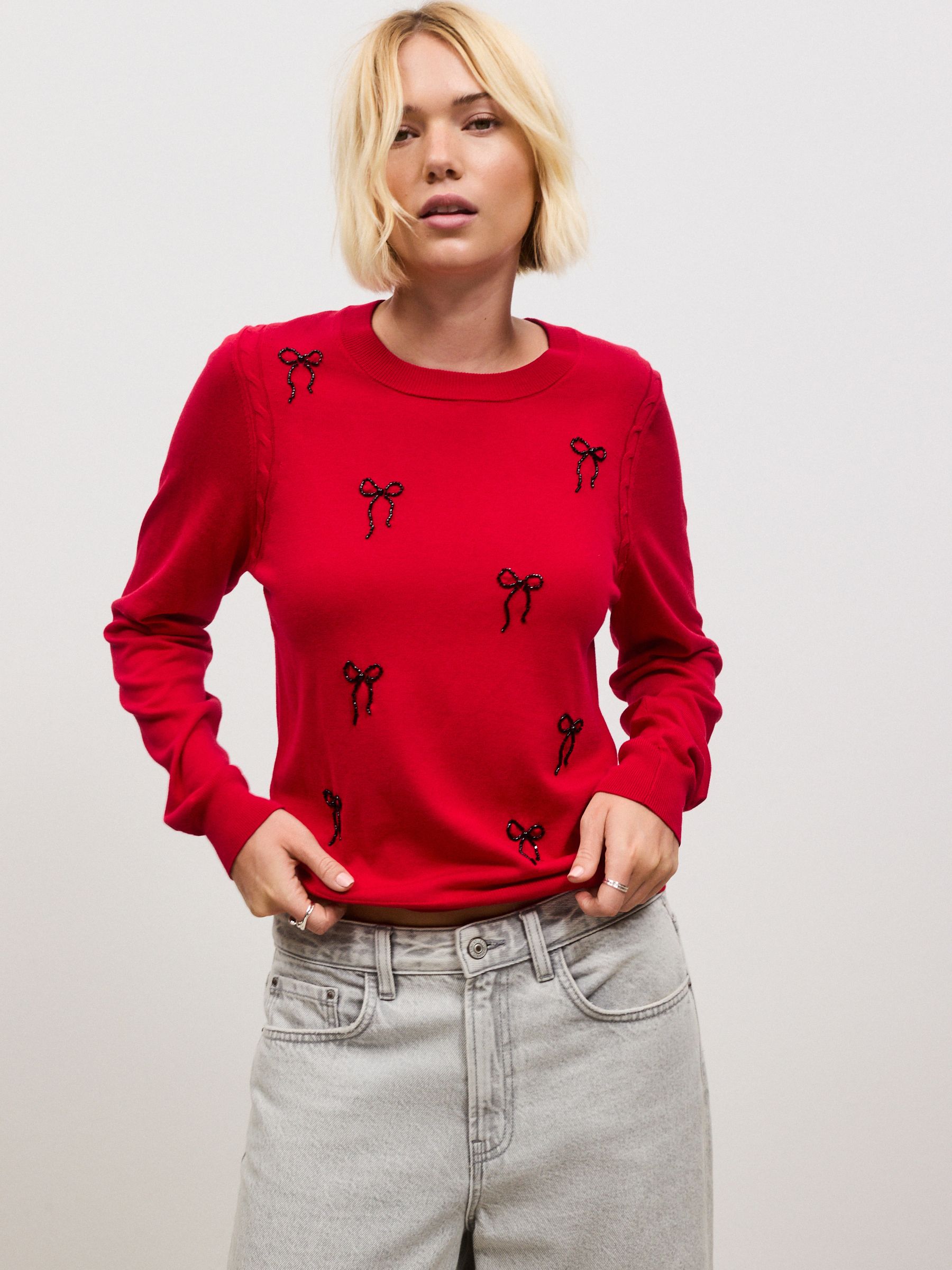 Cotton Rich Soft Touch Long Sleeve Crew Neck Jumper - Red Embellished Bows - Regular - Location Worn