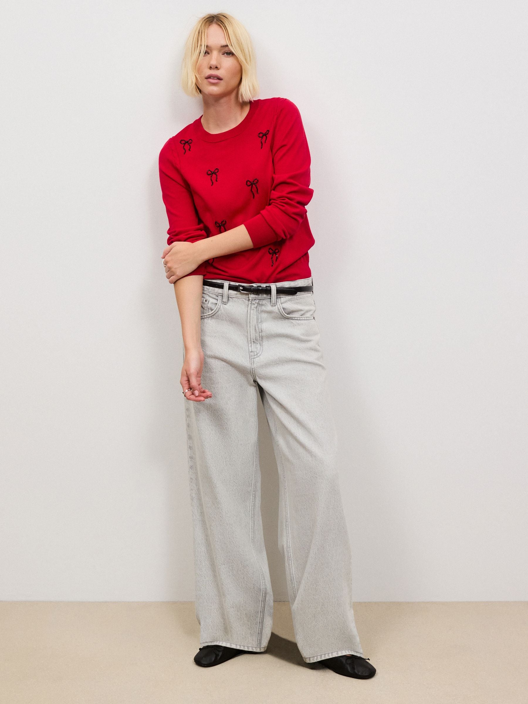 Cotton Rich Soft Touch Long Sleeve Crew Neck Jumper - Red Embellished Bows - Regular - Location Worn