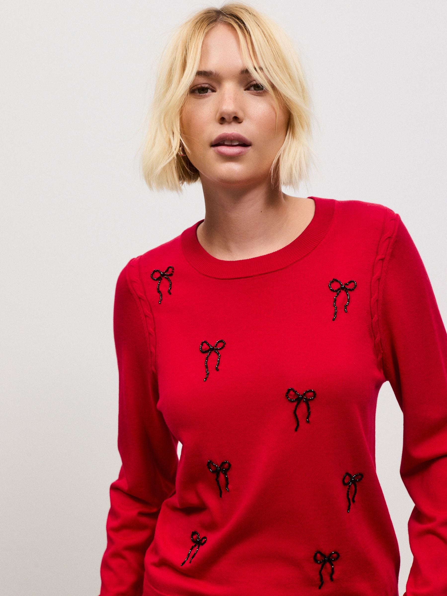 Cotton Rich Soft Touch Long Sleeve Crew Neck Jumper - Red Embellished Bows - Regular - Location Worn