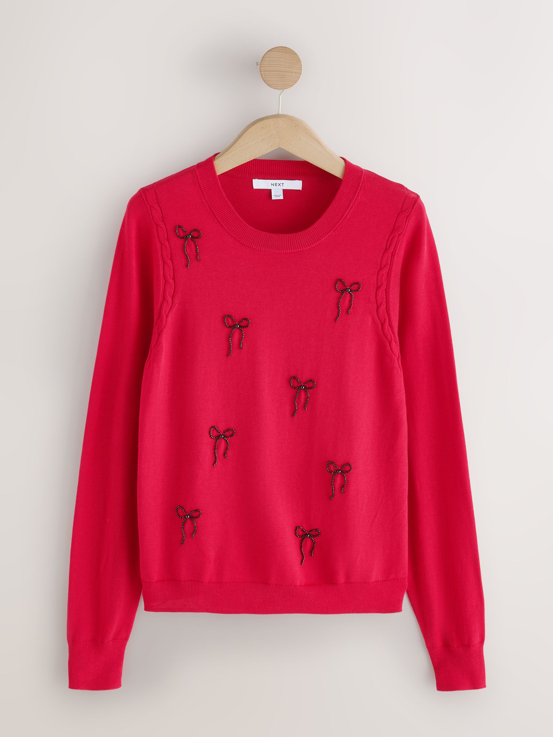 Cotton Rich Soft Touch Long Sleeve Crew Neck Jumper - Red Embellished Bows - Regular - SIP Still Life