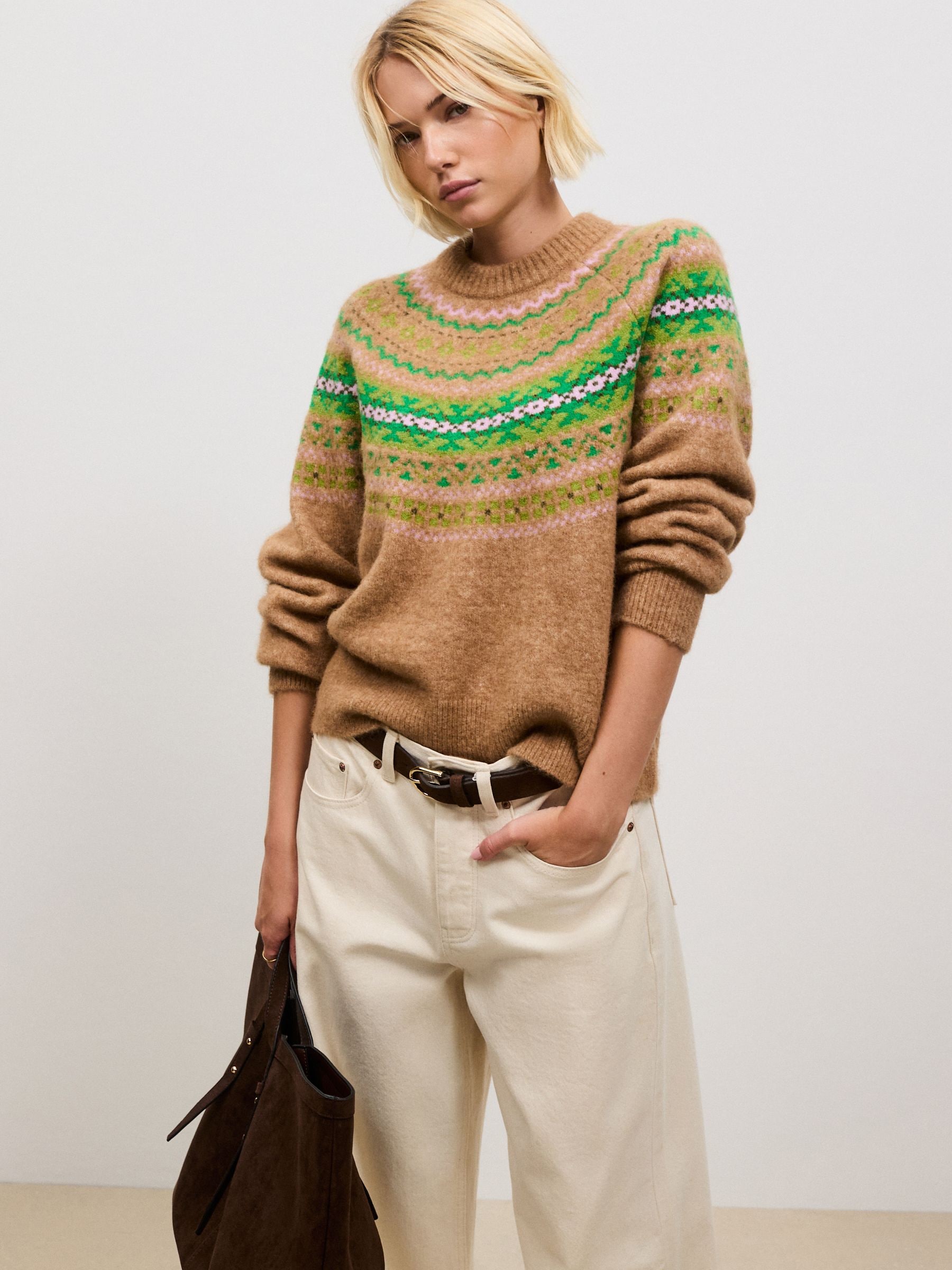 Long Sleeve Crew Neck Knitted Jumper With Wool - Camel/Green Fairisle - Regular - Location Worn
