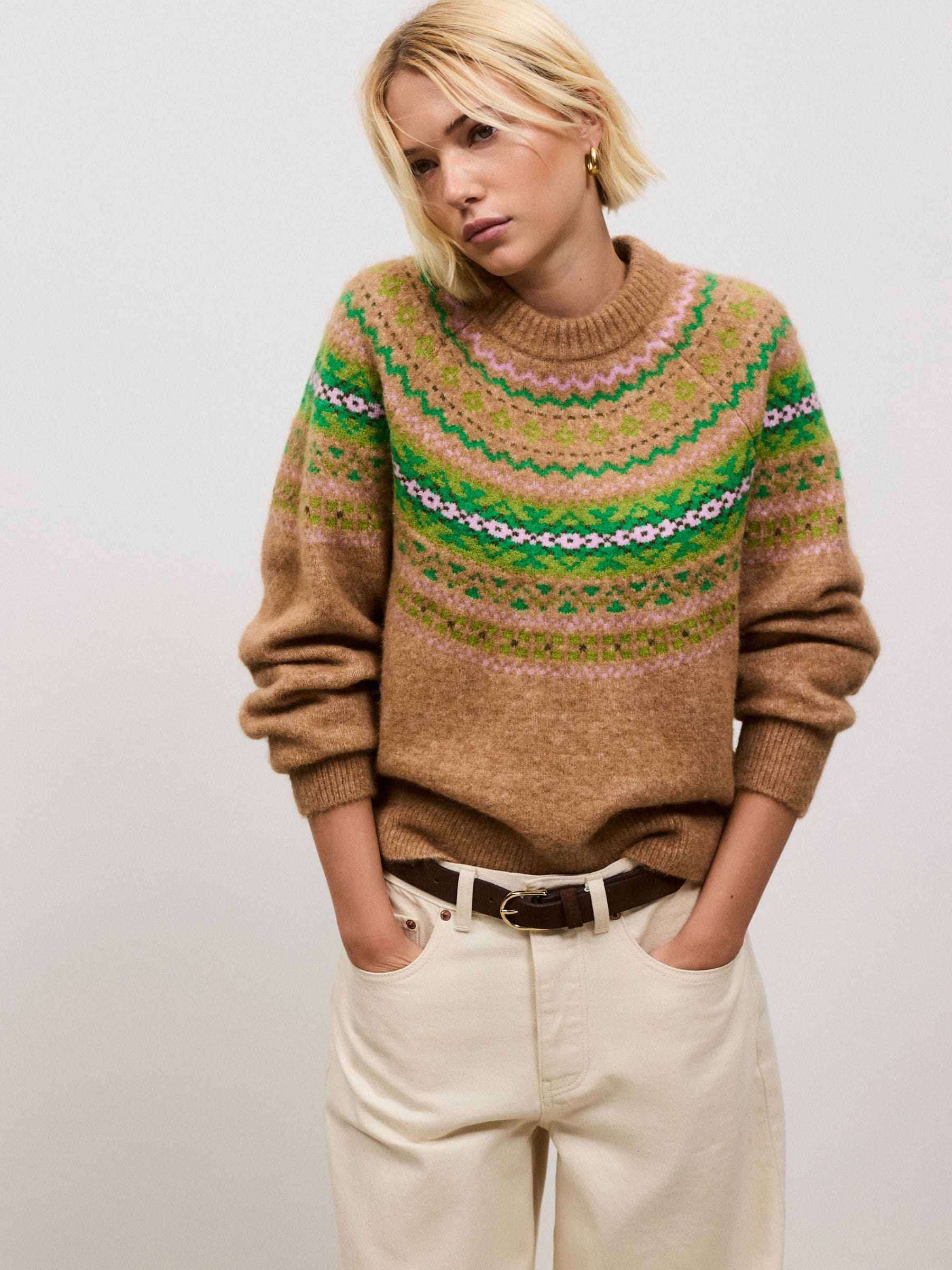 Long Sleeve Crew Neck Knitted Jumper With Wool - Camel/Green Fairisle - Regular - Location Worn