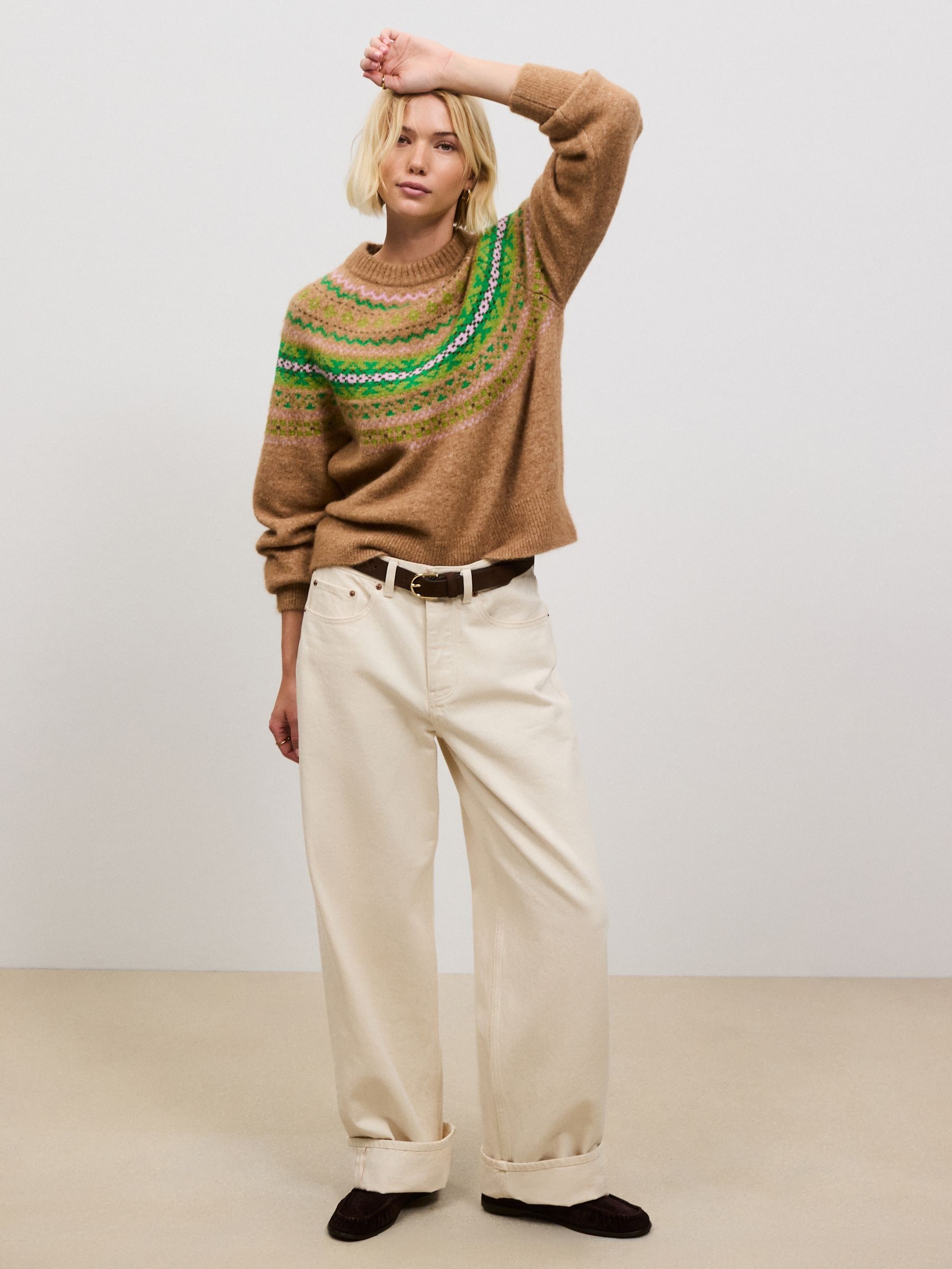 Long Sleeve Crew Neck Knitted Jumper With Wool - Camel/Green Fairisle - Regular - Location Worn