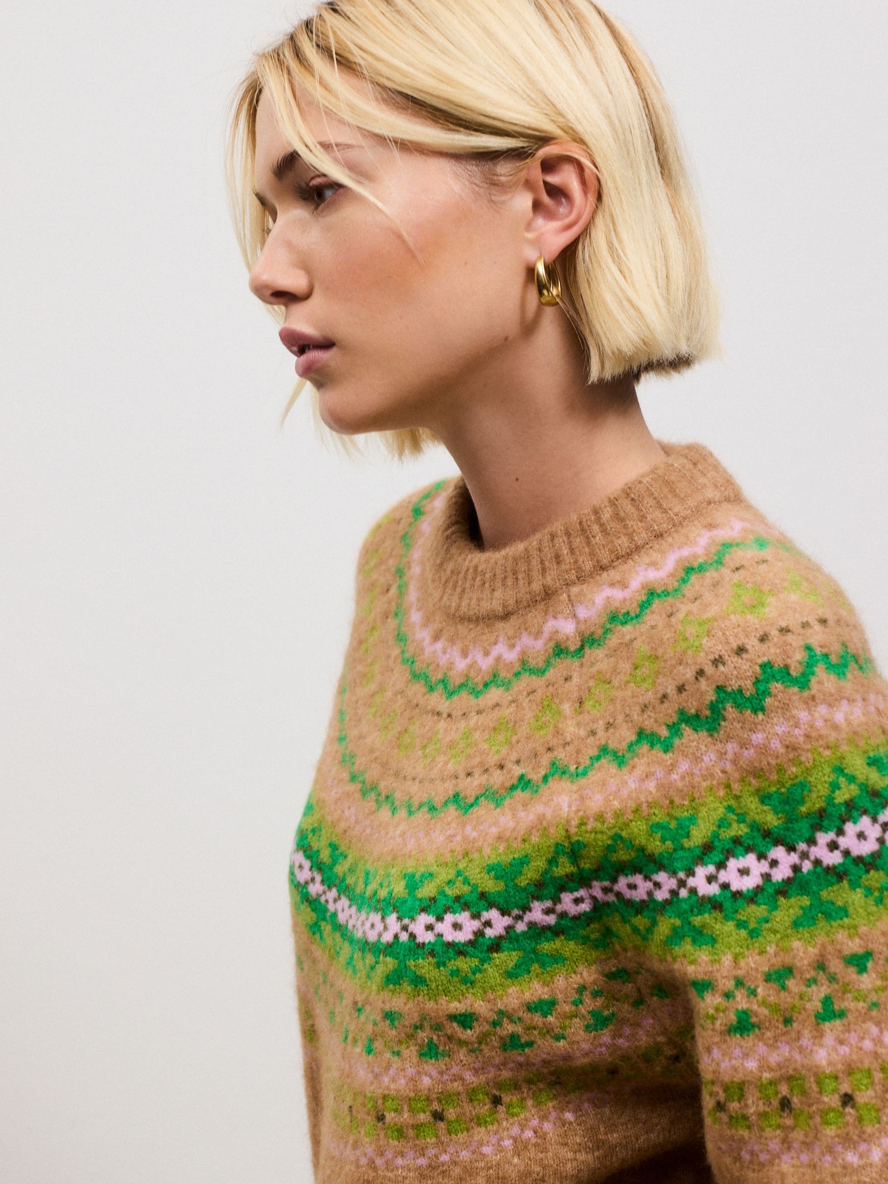 Long Sleeve Crew Neck Knitted Jumper With Wool - Camel/Green Fairisle - Regular - Location Worn