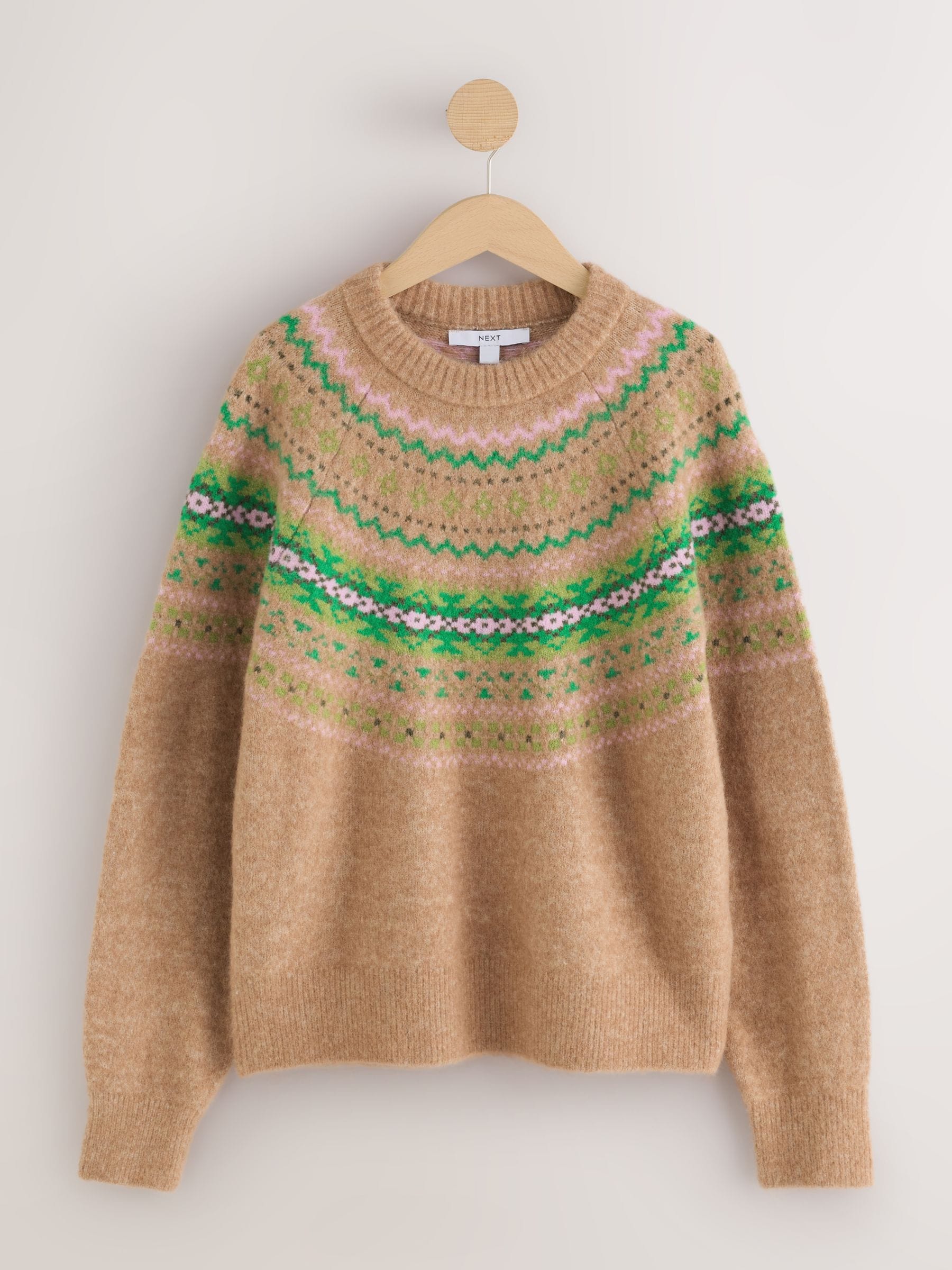 Long Sleeve Crew Neck Knitted Jumper With Wool - Camel/Green Fairisle - Regular - SIP Still Life