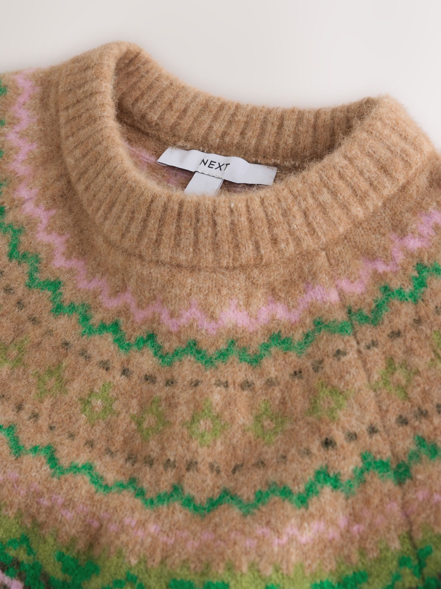 Long Sleeve Crew Neck Knitted Jumper With Wool - Camel/Green Fairisle - Regular - SIP Still Life