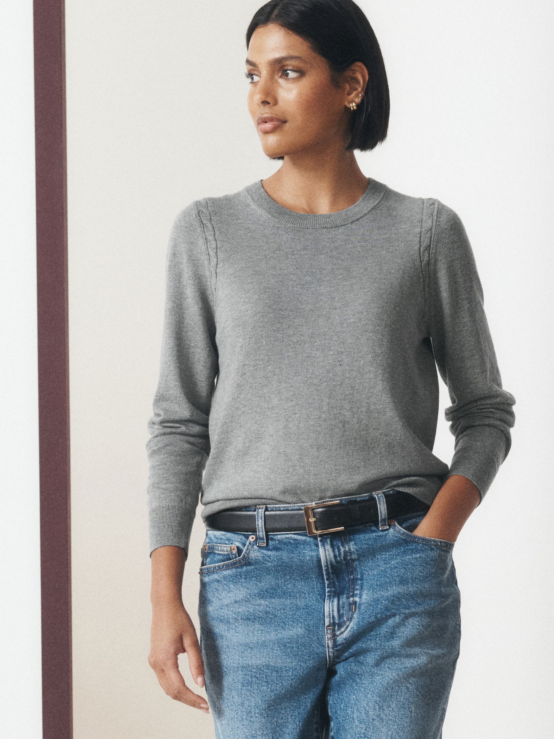 Cotton Rich Soft Touch Long Sleeve Crew Neck Jumper - Grey - Regular - Location Worn