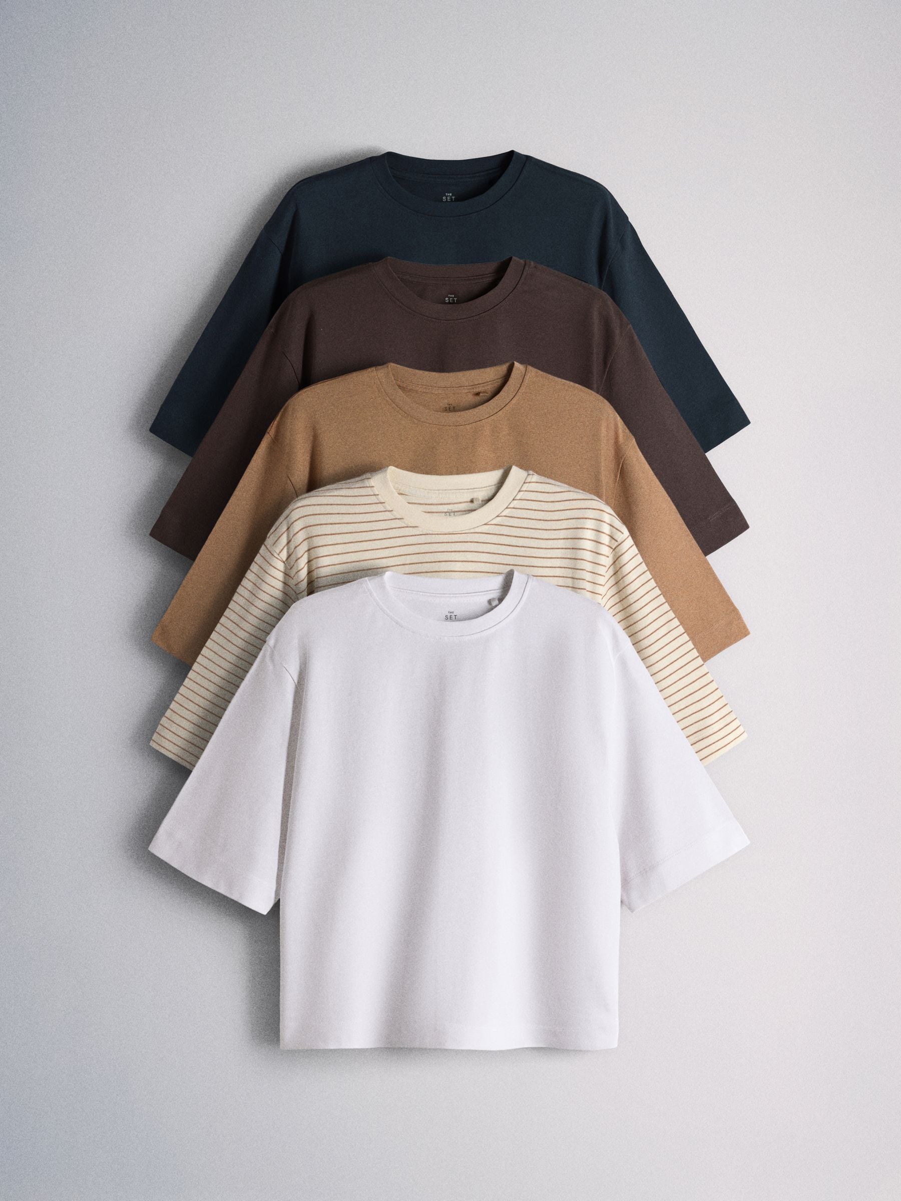 The Set 5 Pack Heavyweight Relaxed Short Sleeve T-Shirts - Navy/Brown/Stripe/White - Regular - SIP Still Life