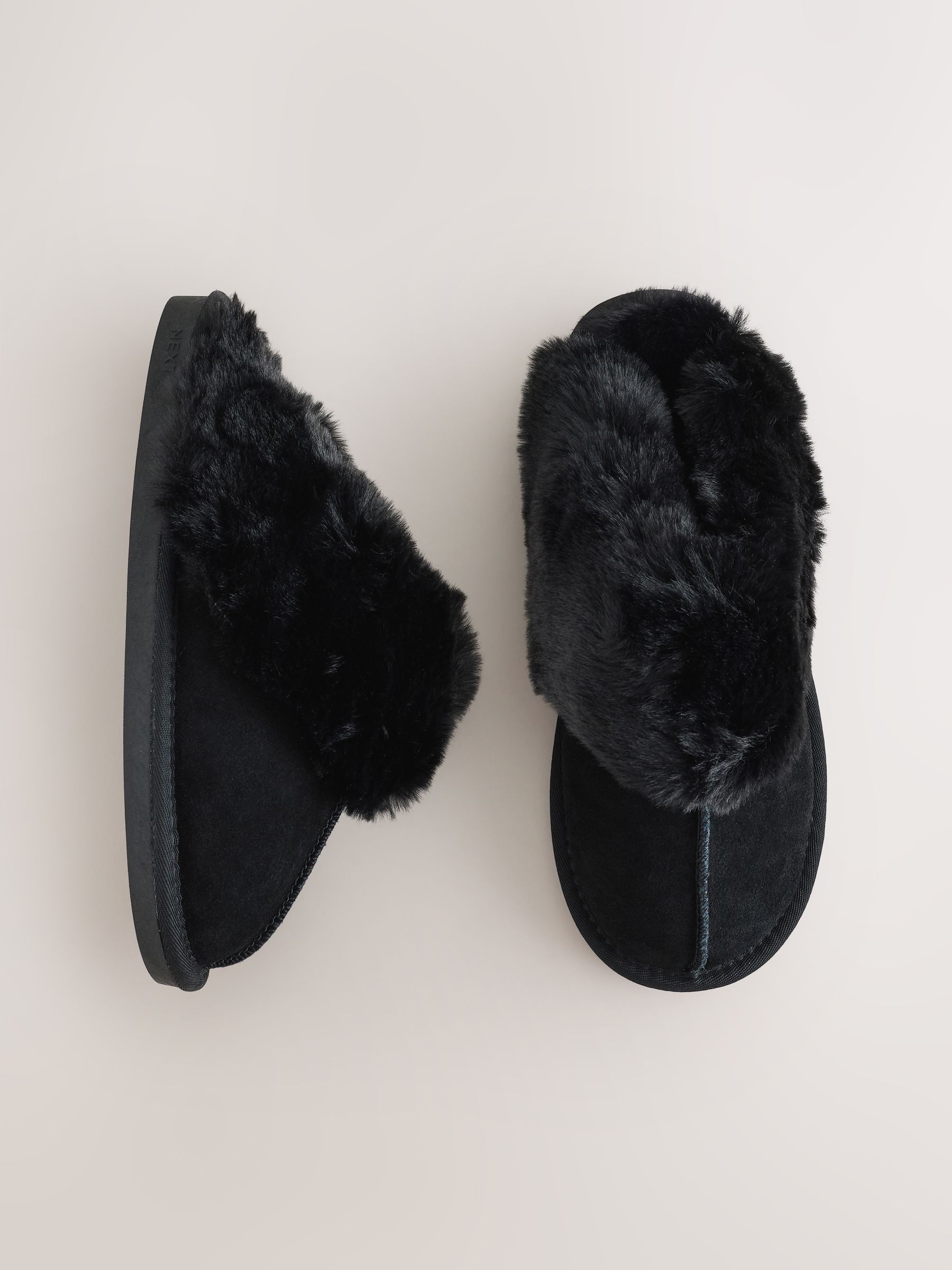 Faux Fur Lined Suede Mule Slippers - Black - Regular - SIP Still Life