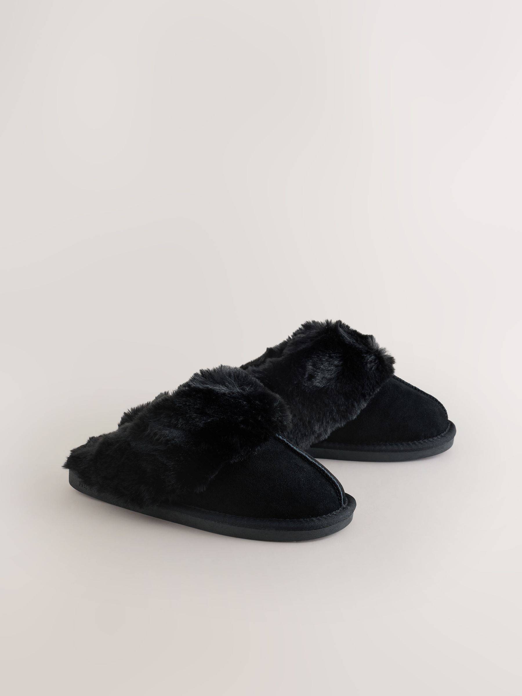 Faux Fur Lined Suede Mule Slippers - Black - Regular - SIP Still Life