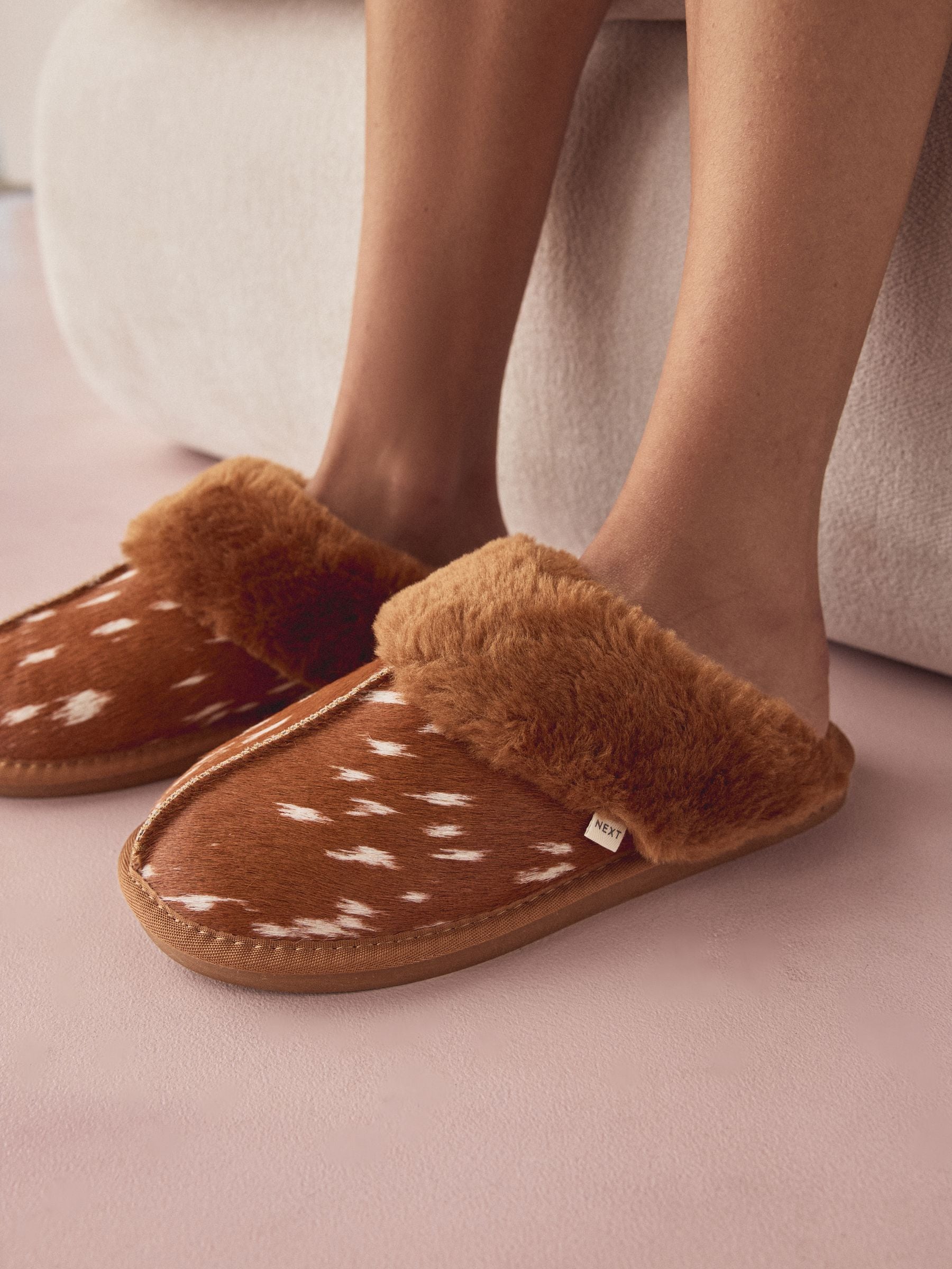 Faux Fur Lined Suede Mule Slippers - Deer Print - Regular - SIP Worn
