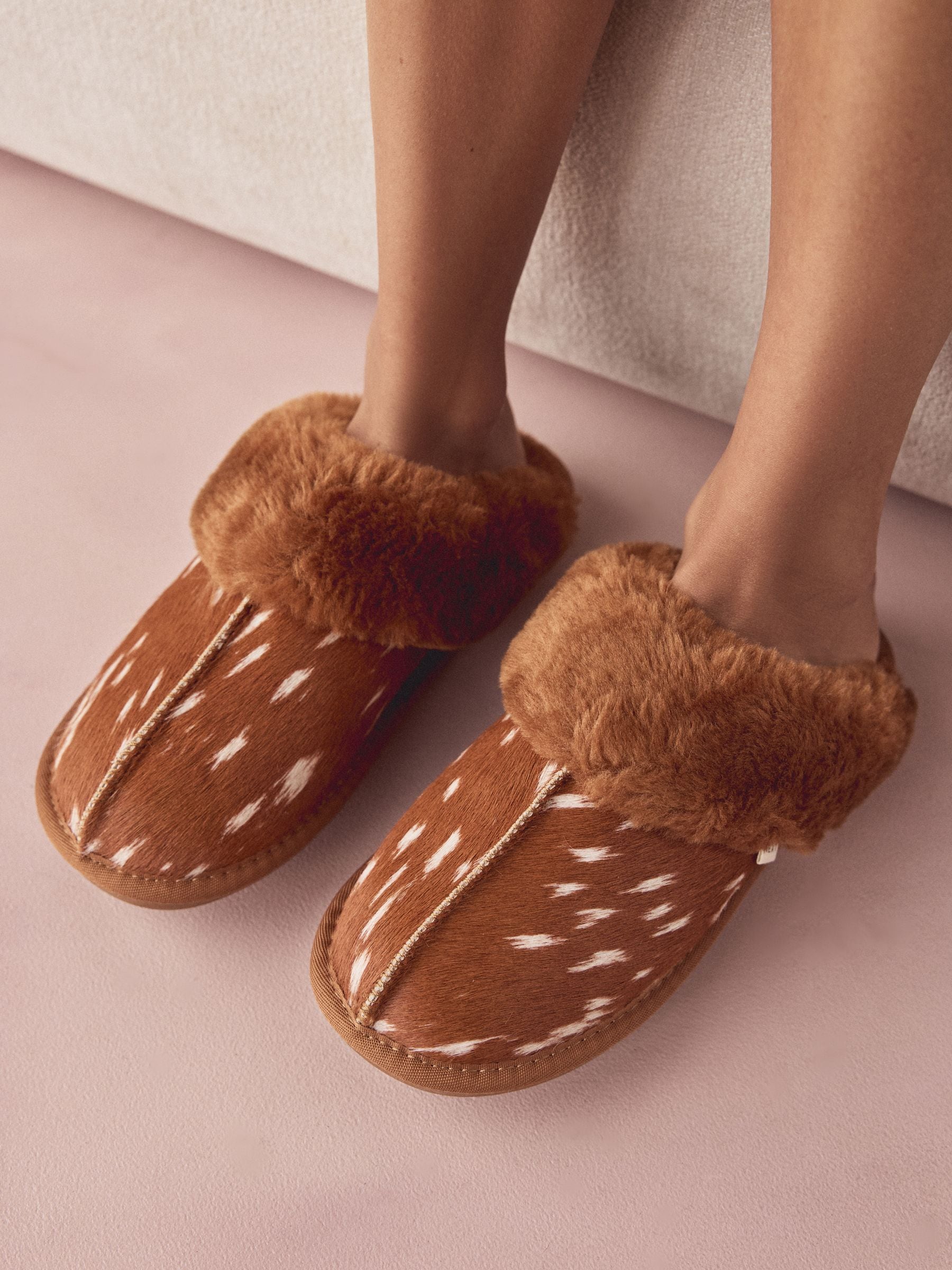 Faux Fur Lined Suede Mule Slippers - Deer Print - Regular - SIP Worn