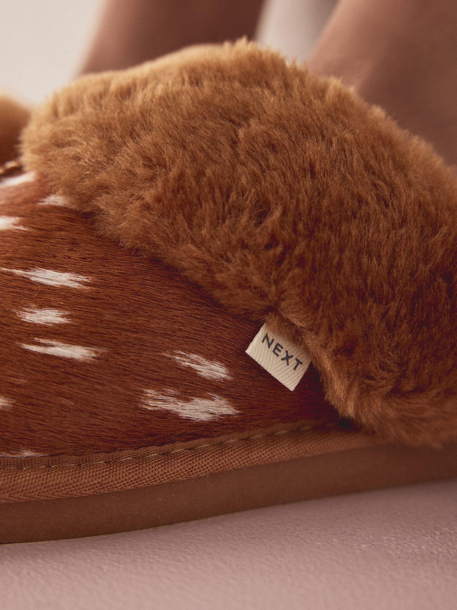 Faux Fur Lined Suede Mule Slippers - Deer Print - Regular - SIP Worn